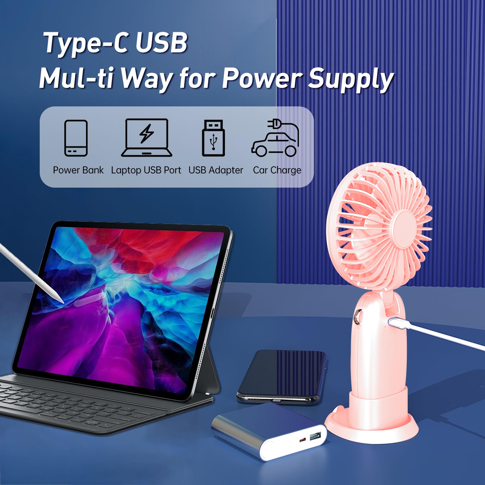 Portable Handheld Fan, Usb Rechargeable Foldable Fan, Personal 5 Speed Powerful Small Desk, 90° Fold