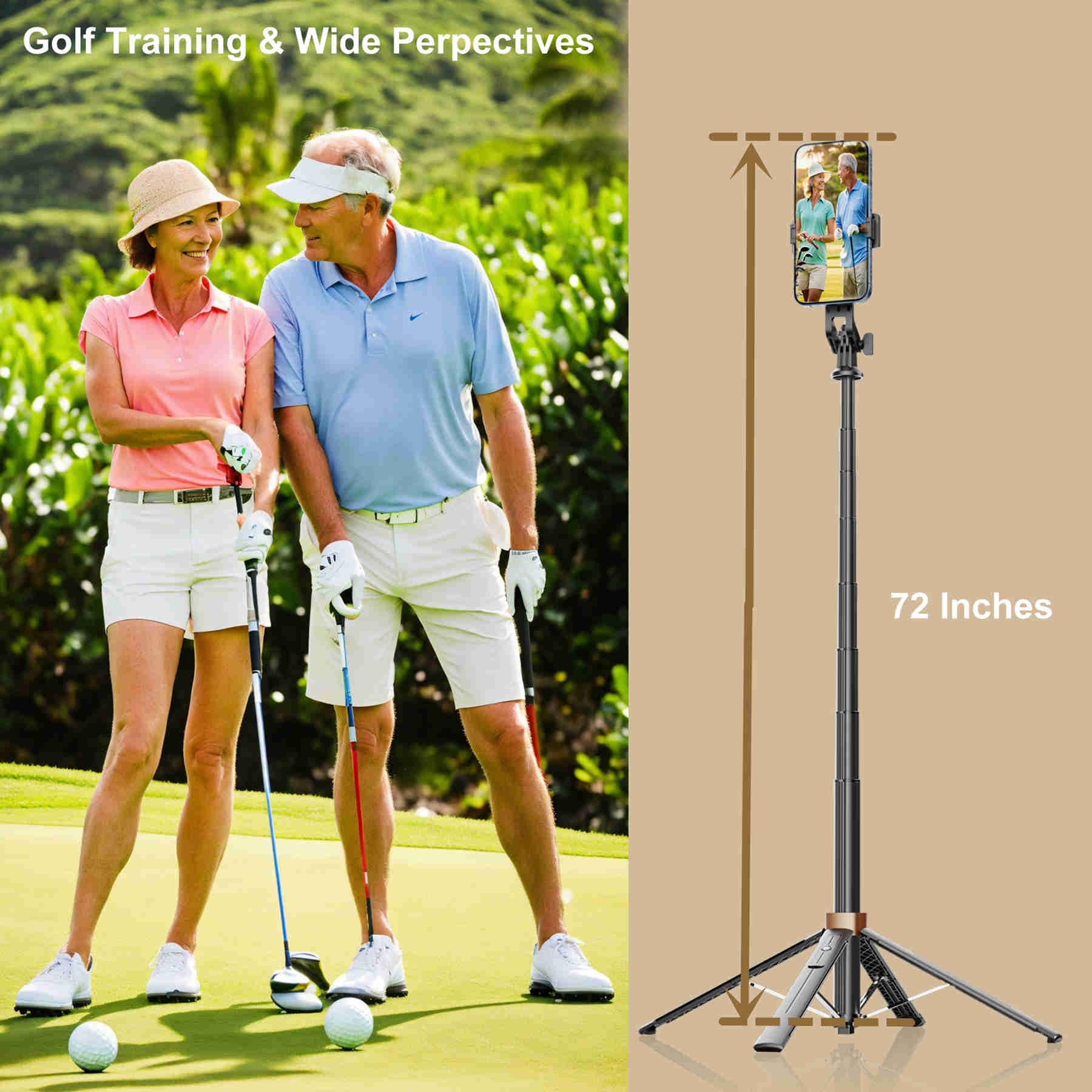 Moudao Phone Tripod Selfie Stick For Golf Training 71'' Golf Tripod With Detachable Wireless Remote Portable Smartphone Tripod For Iphone, Android, Camera & Gopro (Black)
