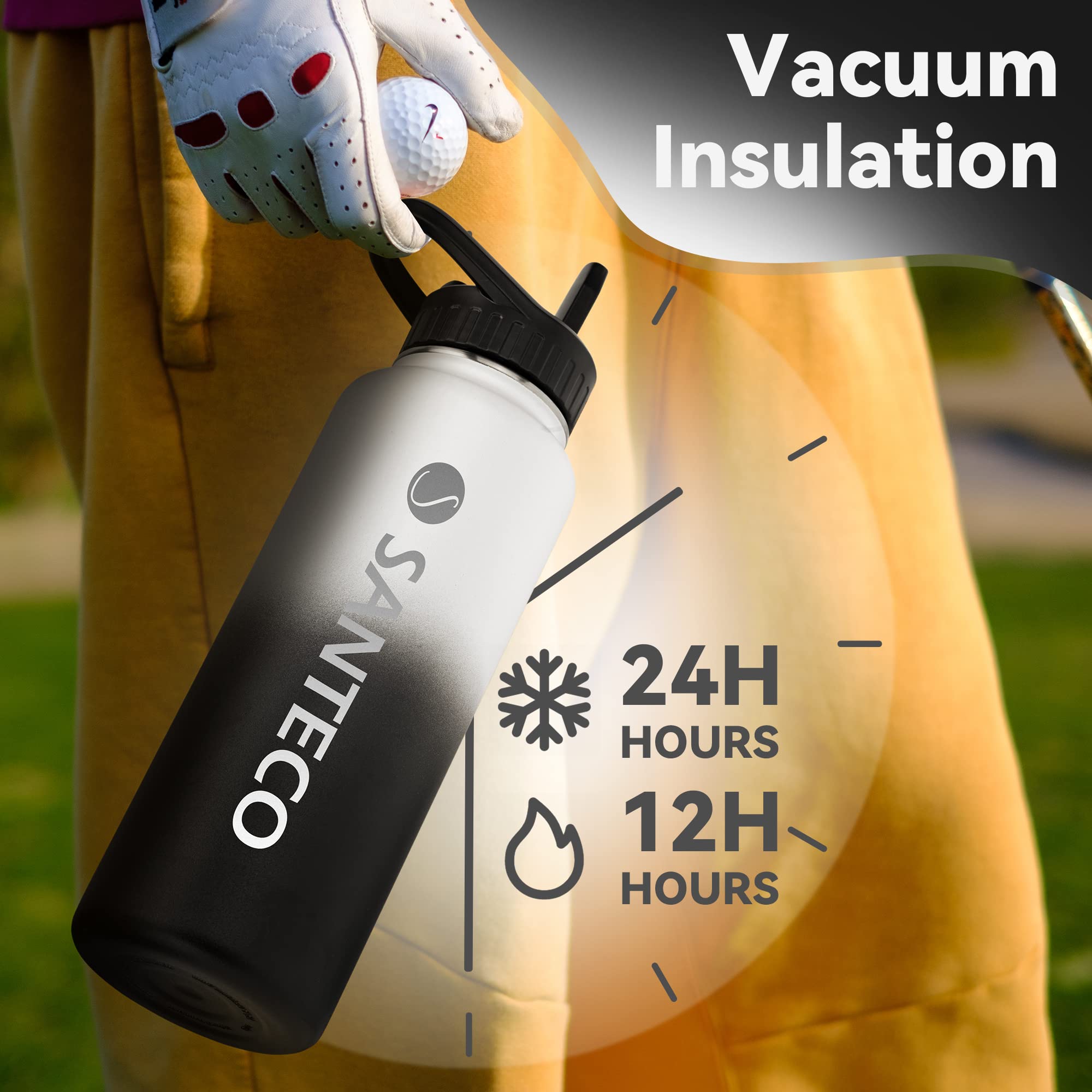Santeco Water Bottle 40 Oz, Vacuum Insulated Stainless Steel Bottle With Straw Handle Lid