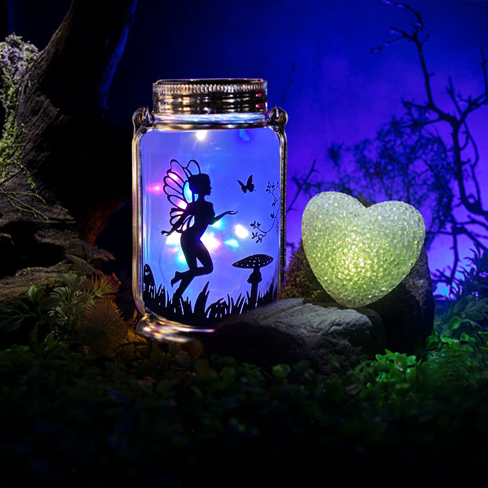 Angmln Solar Fairy Lantern For Garden Decorations- 2 Pack Outdoor Fairies Night Lights Mothers Day  For Woman Mom Grandma, Hanging Lamp Frosted Glass Jar For Home Yard Patio Lawn Party Decor