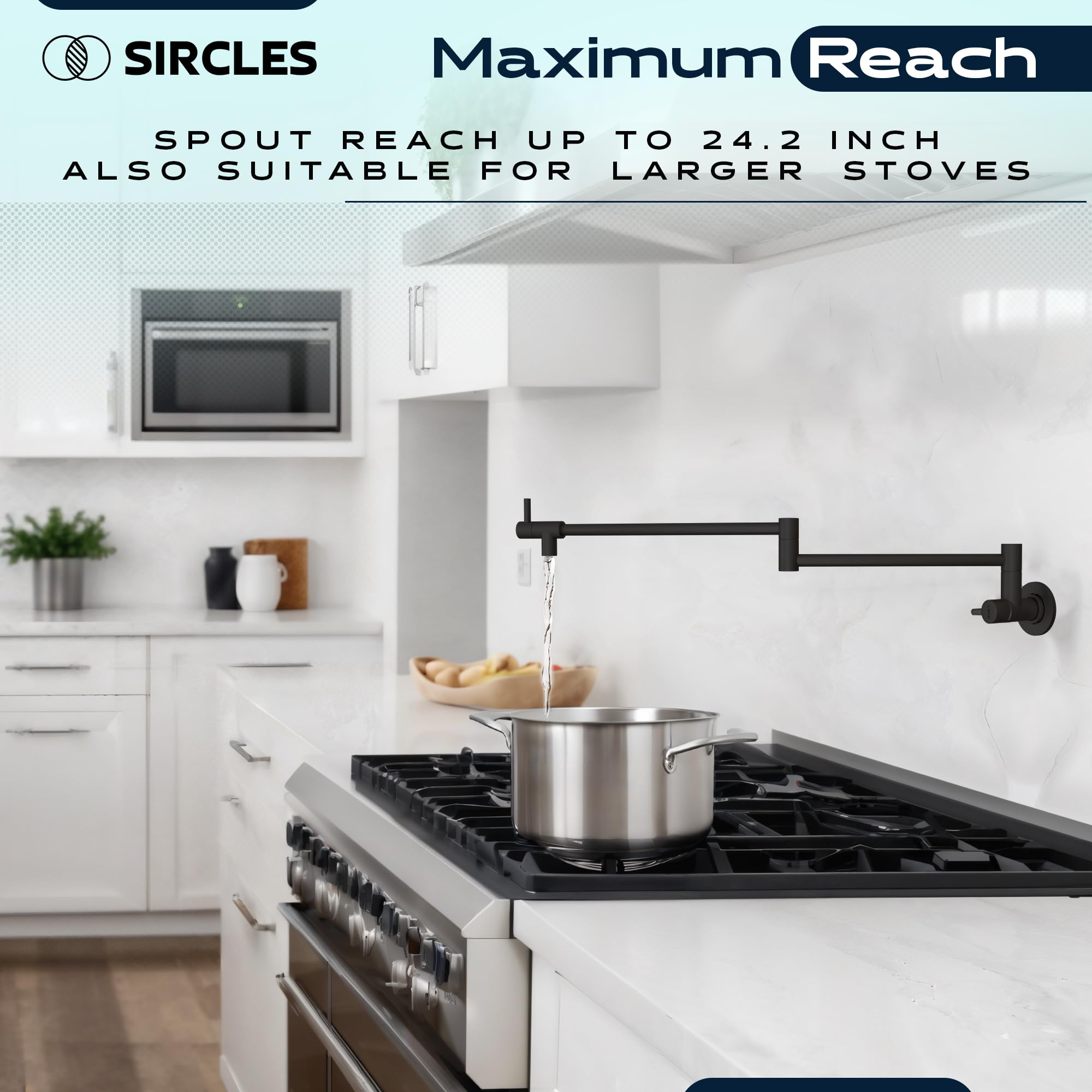 Sircles Pot Filler Faucet - Matte Black Finish - Extra Long 26-Inch - Wall Mount Stainless Steel - Dual 360° Swing Joints - Teflon Tape & Extra Cartridge Included