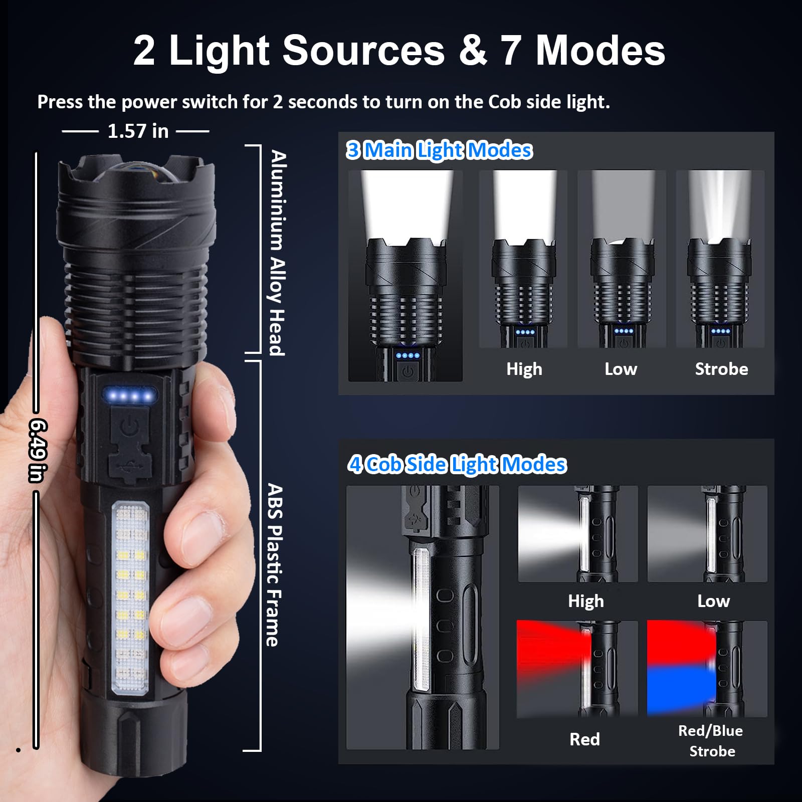 Ewenele Flashlights High Lumens Rechargeable 2 Pcs, 1,000,000 Lumens Led Tactical Flashlight Battery Powered With 7 Light Modes, Cob Side Light, Usb C, Waterproof, Zoomable, Powerful Handheld Flash Lights