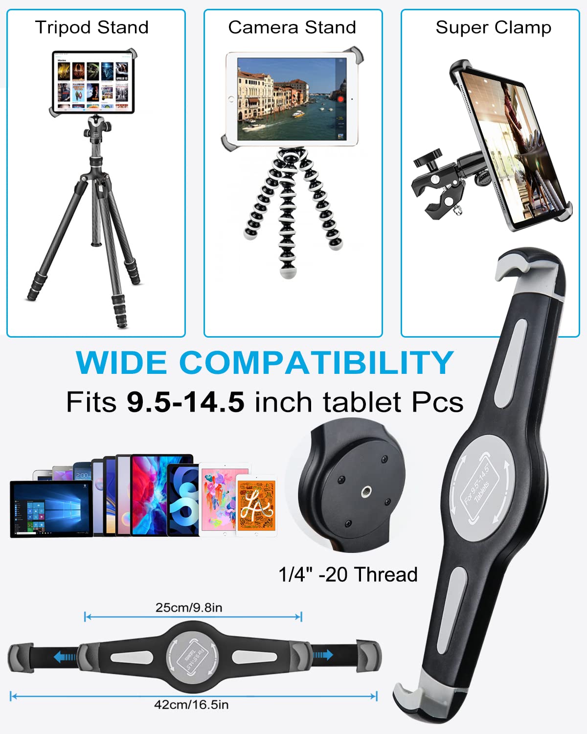 Woleyi Large Tablet Mount Holder With 1/4" Screw Thread For Spin Bike, Treadmill, Microphone Stand, Tripod Adapter, Exercise Bicycle, Handlebar, For Ipad Pro 13 Air & 9.5-14.5" Tablet, Gopro, Camera
