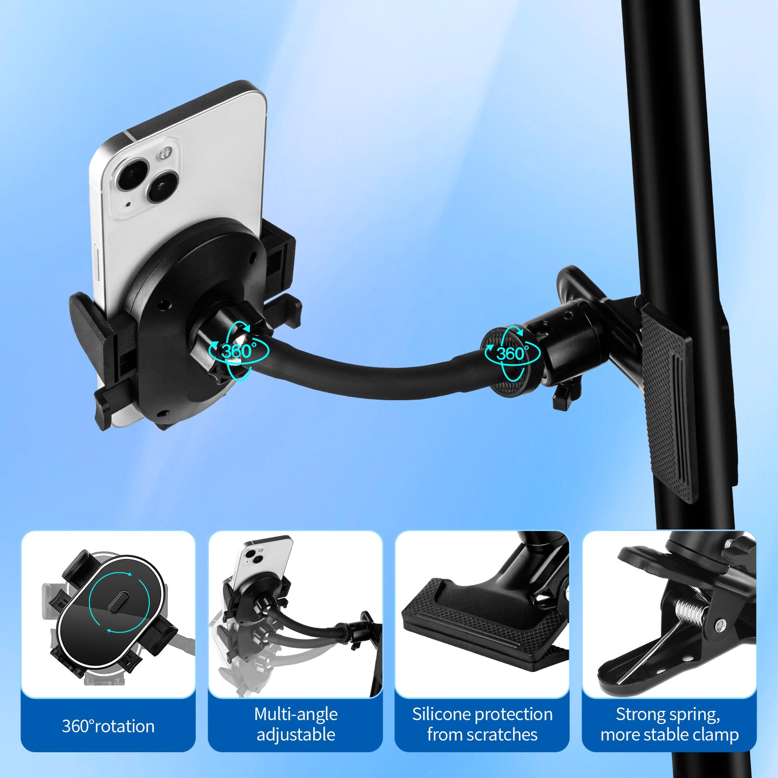 Rock Clip Phone Holder With 360° Gooseneck Arm & Auto-Locking Clamp,Short/Medium/Long Arm Options For Desk, Mic Stand, Table,Treadmill – Fits 4-7" Smartphones(Short-3.9 Inch Arm)