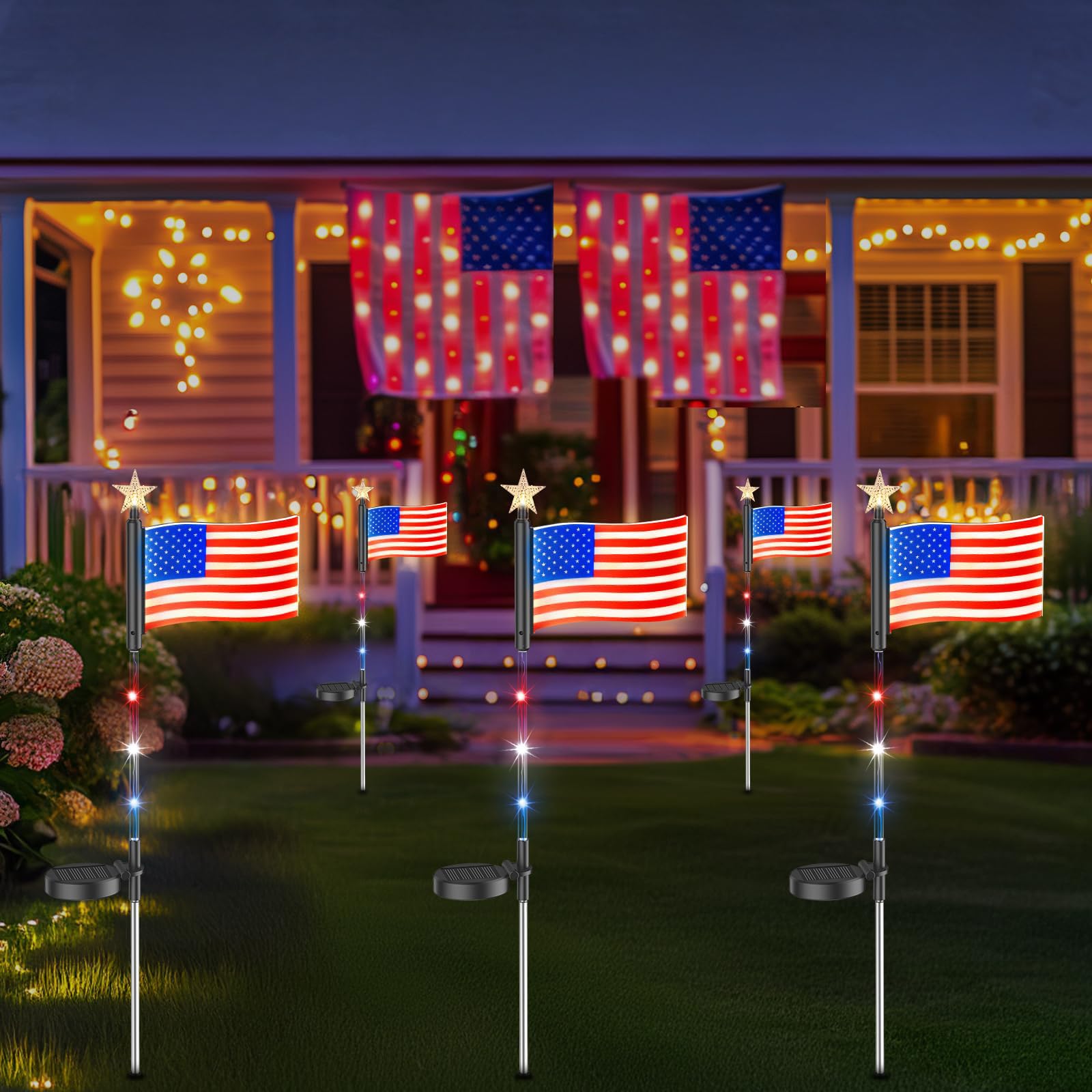 E-Kong 4 Pack Led American Flags Solar Lights, Glowing Acrylic Solar American Flags Outdoor Waterproof, Red White Blue Lights With 12 Led, Long Lasting American Flags Solar Lights For Outside