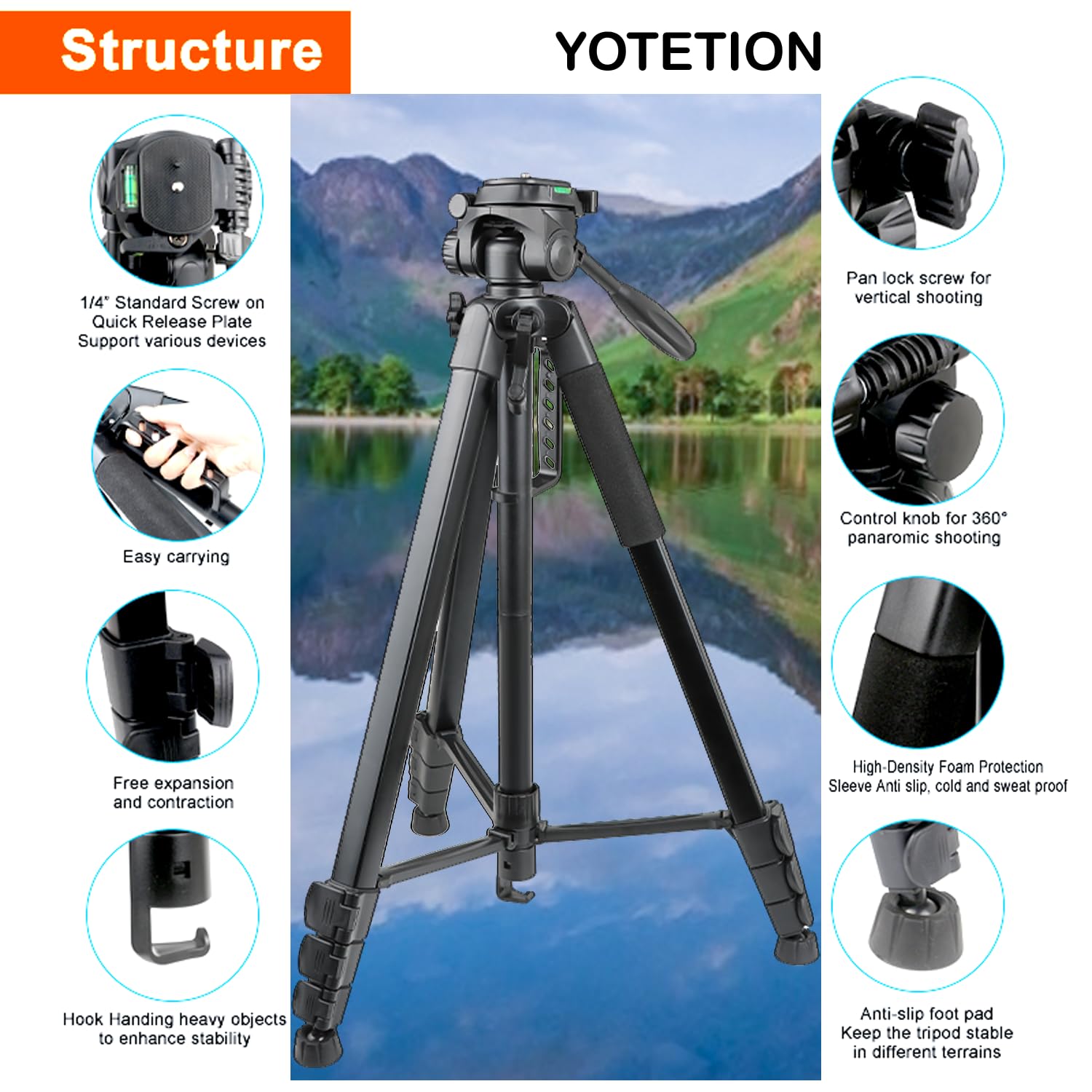 Yotetion 81" Aluminum Phone & Camera Tripod, Extendable Cell Phone Tripod Stand Compatible With Iphone/Android/Action Camera Is Perfect For Live Streaming/Video Recording/Selfies