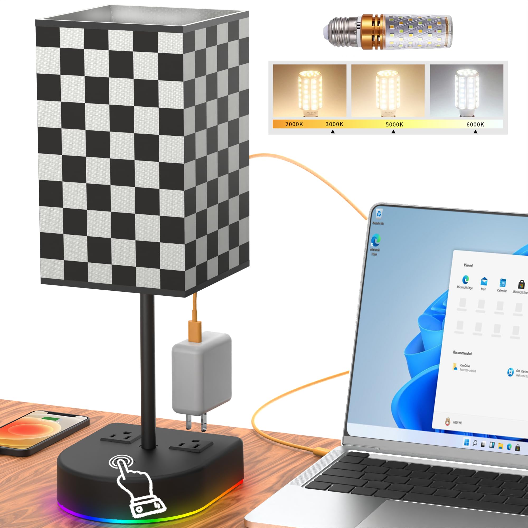 Bgmutcx Touch Control Bedside Table Lamp With 12W Led Light Bulb And Chess Board Fabric Shade,2 Ac Outlet, 3 Color Modes,For Bed Room/Nightstand/Office/Living Room Guest Room