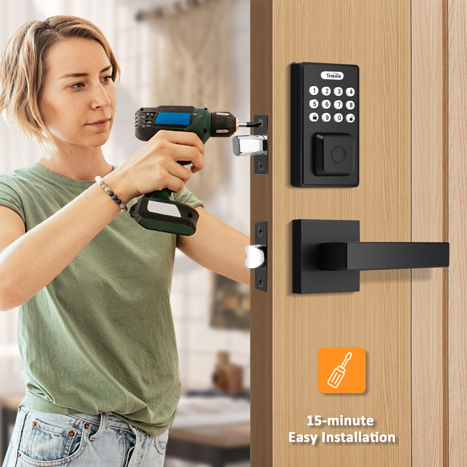 Tia Keyless Entry Door Lock With 2 Lever Handles, Fingerprint Entry Door Handleset, Electronic Digital Keypad Deadbolt With App, Auto Lock & One Touch Locking, Front Smart Door Handle Sets, Black