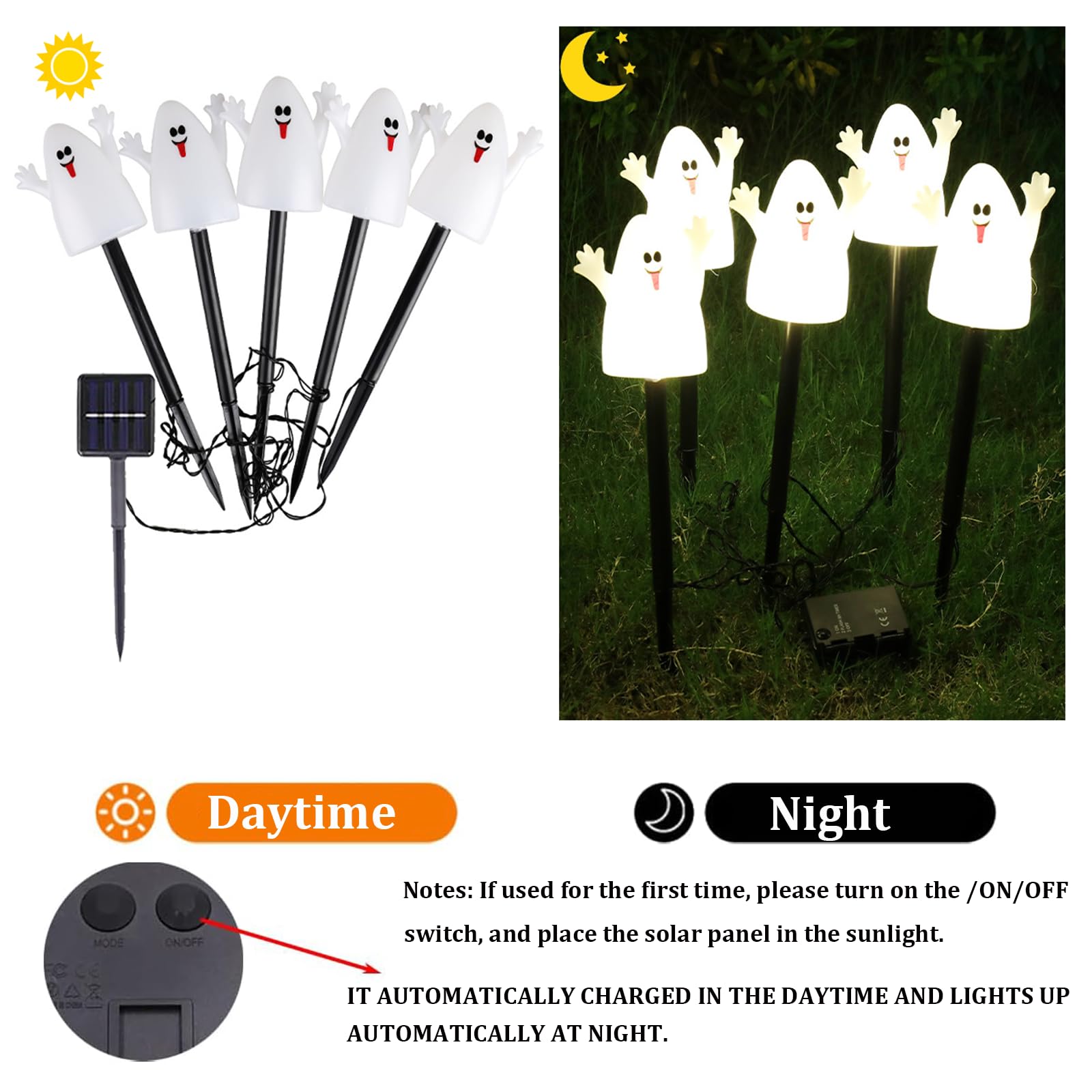 Gulelayar Ghost Light Garden Lights 5 In 1 Halloween String Light Solar Halloween Decorative Led Lights Outdoor Waterproof Ghost Stake Lights For Outdoor Halloween Pathway Yard Garden Decoration (Ghost)