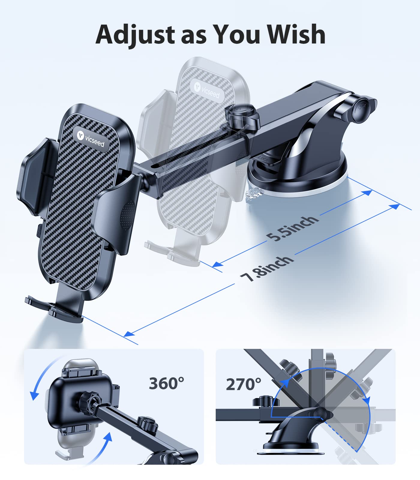 Vicseed True Military-Grade Phone Holders For Your Car [ 95+Lbs Strongest Suction] Cell Phone Mount For Car Dashboard Windshield Vent Truck Boat Stand Adjustable For Iphone Android