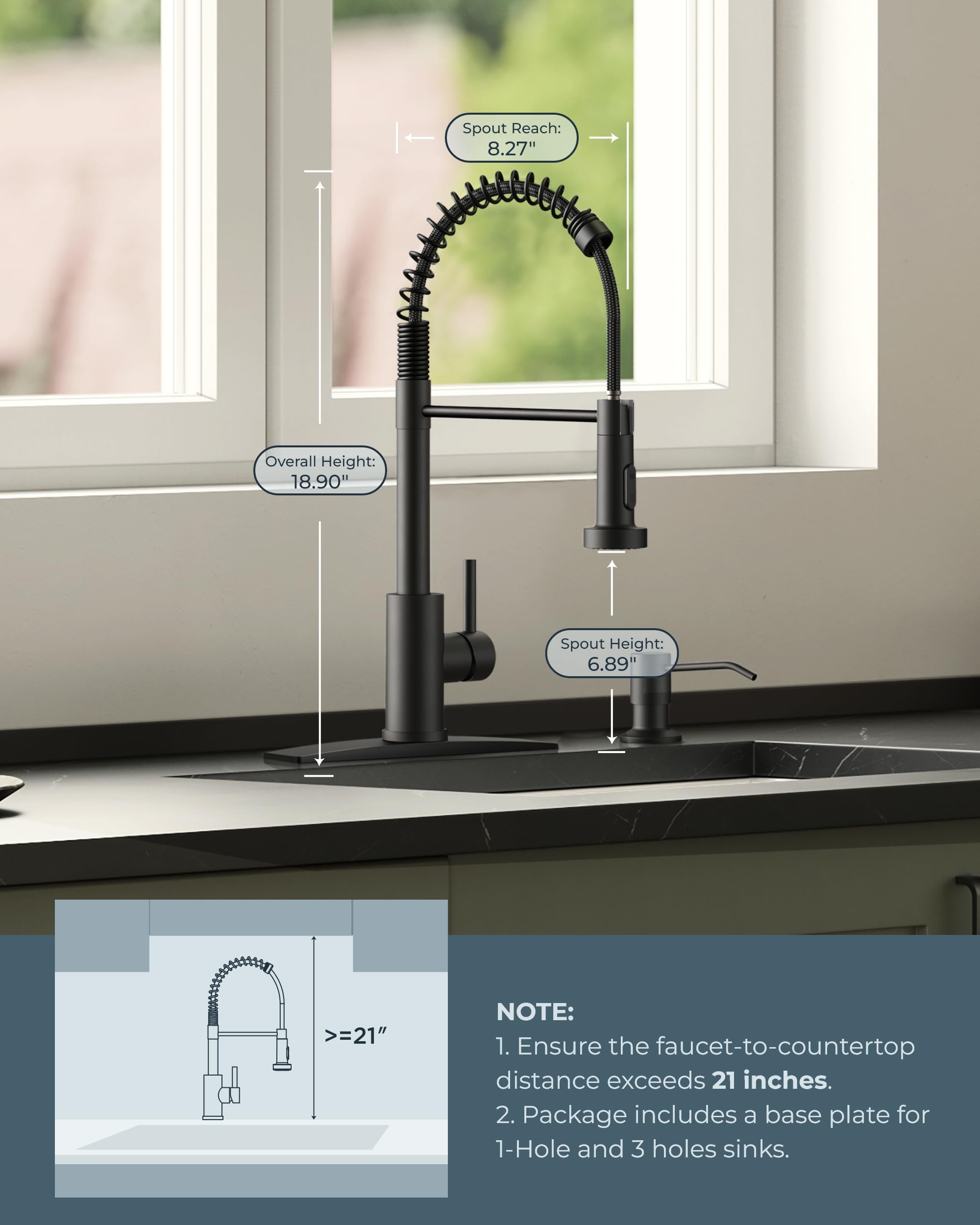 FORIOUS Black Kitchen Sink Faucet with Pull Down Sprayer, Stainless Steel Commercial Single Handle Classic Spring Pull Out Sink Faucet - Koospark