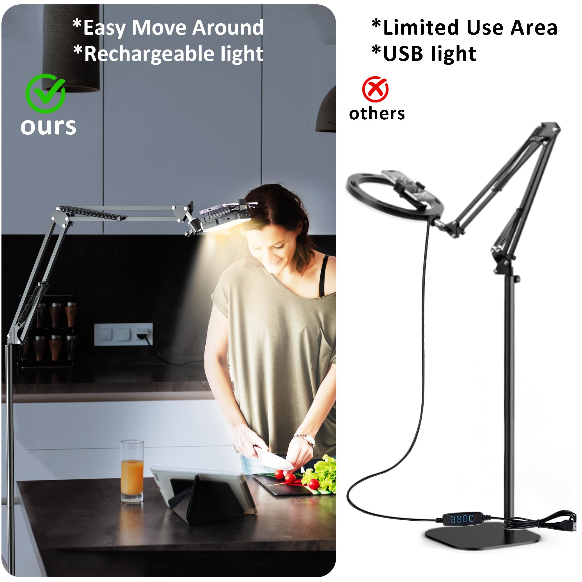 Mionondi Overhead Phone Tripod For Cooking Videos With Rechargeable Light, Move Around Floor Phone Stand With Ring Light Content Creator Video Recording Selfie Photography Tiktok Youtube Compatible With Iphone