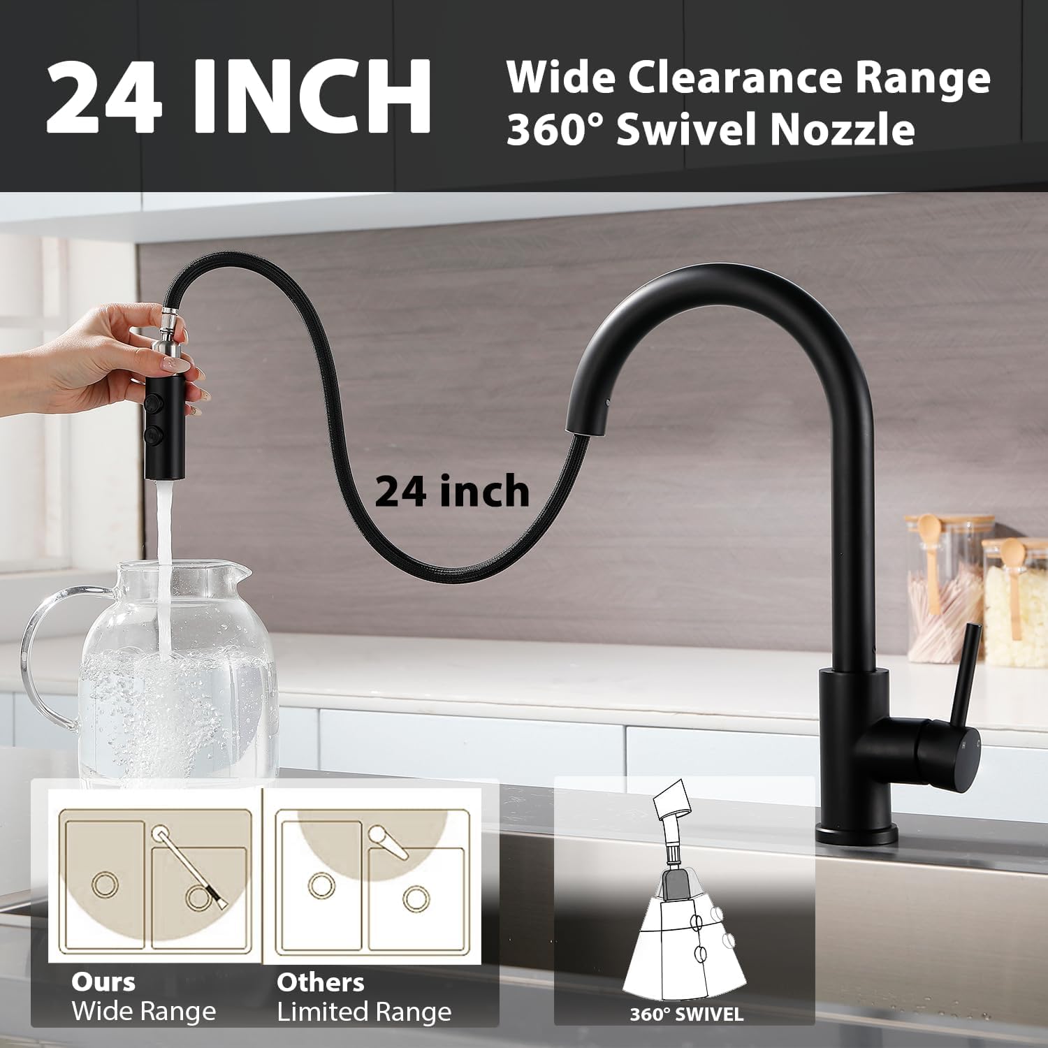 Rainmax Black Kitchen Faucet With Pull Down Sprayer,High Arc Single Handle Stainless Steel Sink Faucet,Suitable For Farmhouse Camper Laundry Rv Bar Kitchen Faucets For 1 Or 3 Hole Kmf008B-3