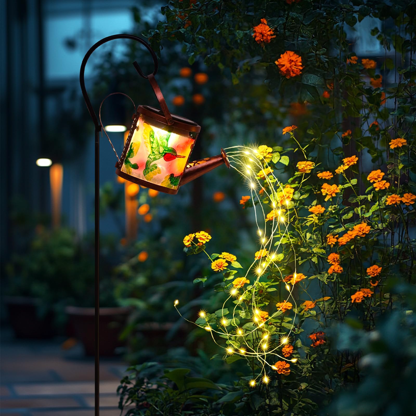 Pearlstar Watering Can Solar Light Hummingbird Watering Can Lights Hanging Lanterns Outdoor Solar Landscape Lights Waterproof Garden Yard Patio Decor Gardening  For Women