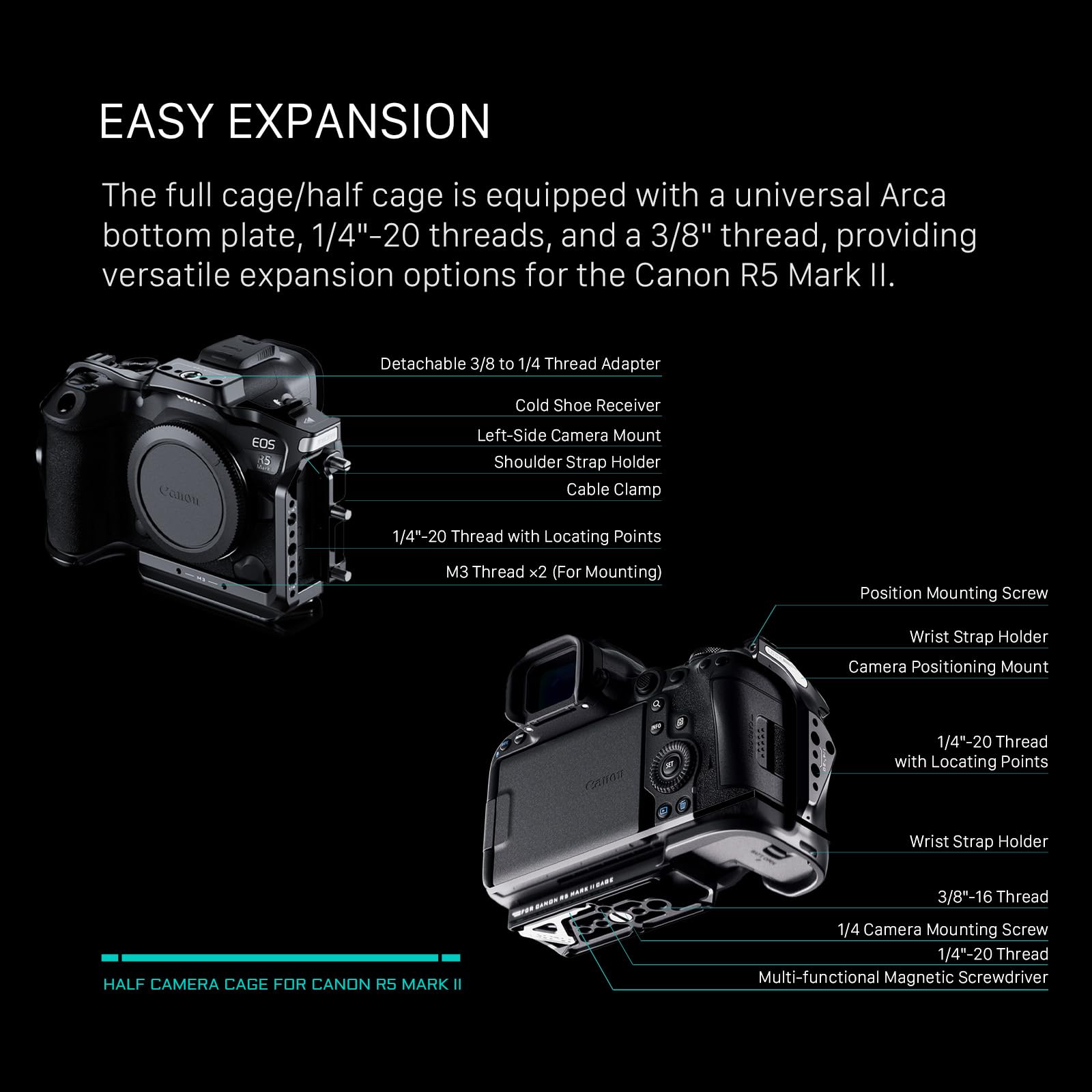 Tilta Camera Cage Compatible With Canon R5 Mark Ii Lightweight Kit - Black  Mount Accessories W/Cold Shoe, 1/4"-20 And 3/8"-16  Includes Top Handle & Cable Clamp  Securely Attaches To Camera
