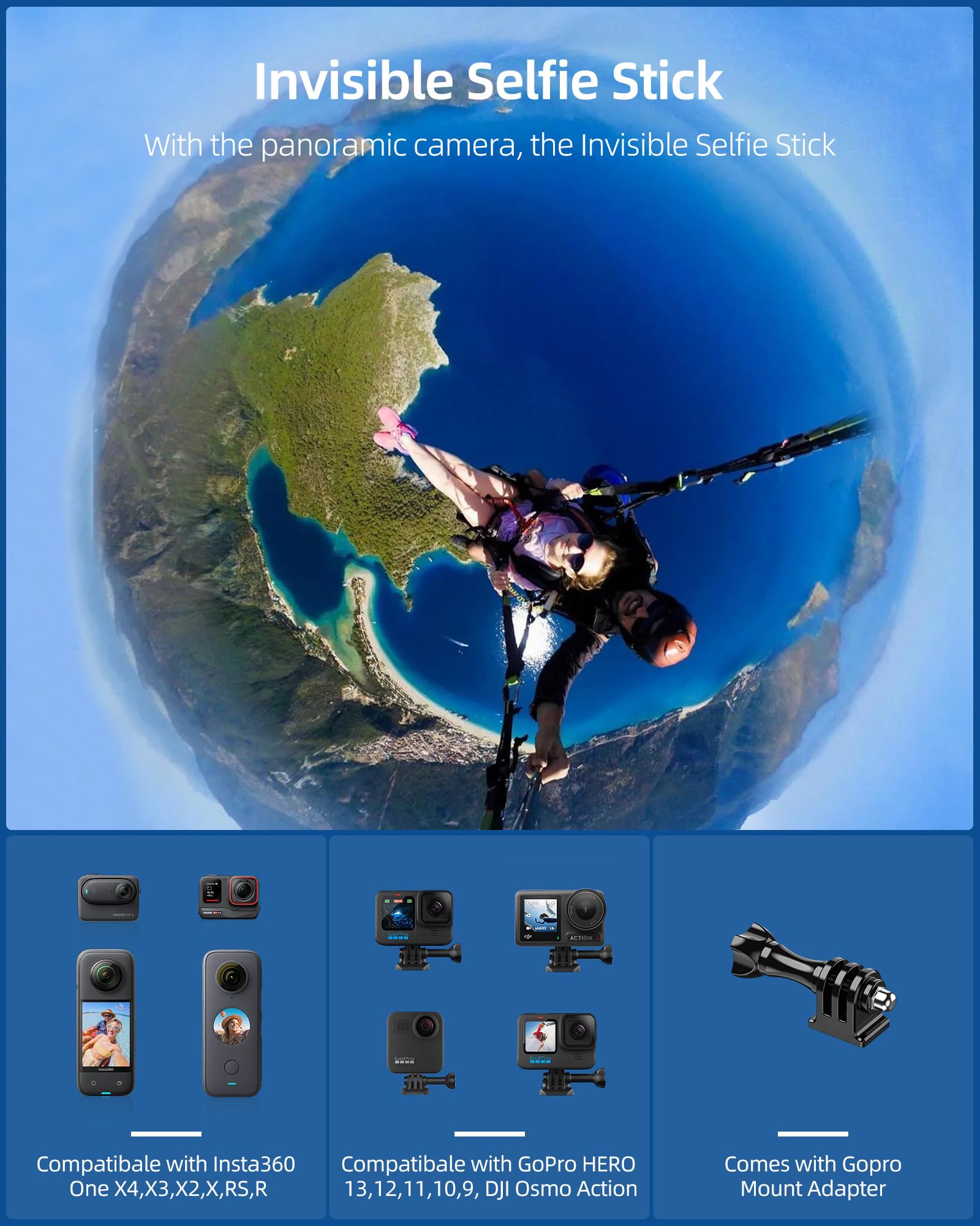 Camolo Geek 60"/1.5M Invisible Selfie Stick Carbon Fiber, 5Ft Extended Long Pole Compatible With Insta360 X4 X3 One X2, One R, One X, One Go 3S 3 2 Action 360 Camera (14.2 To 60")