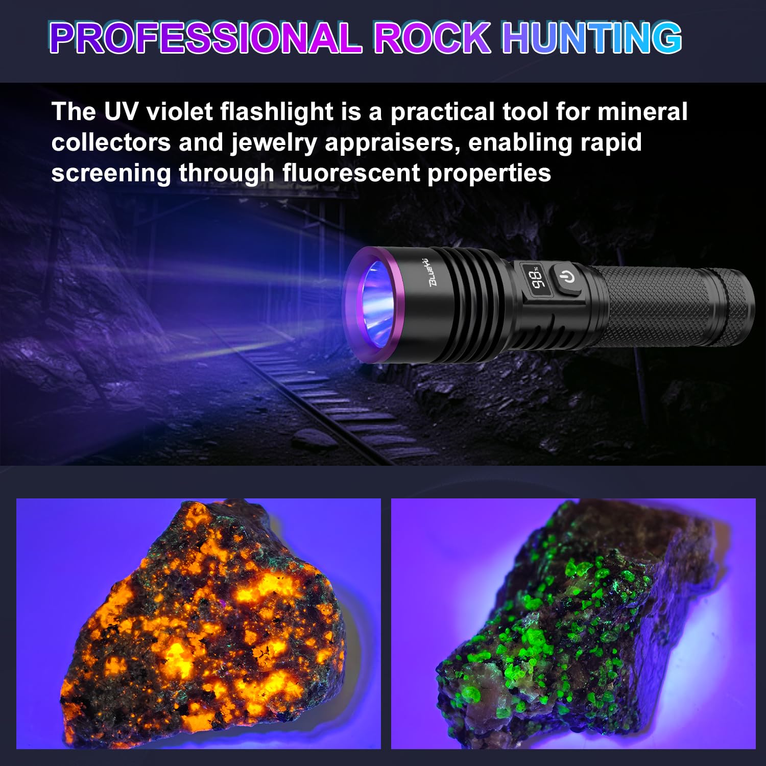 Blueyu 365Nm Black Light Uv Flashlight, Rechargeable Blacklight Flashlights, Powerful Ultraviolet Lights For Pet Urine Detection, Scorpion, Rock Hunting, Ac Leak, & Resin Curing, With Lcd Display