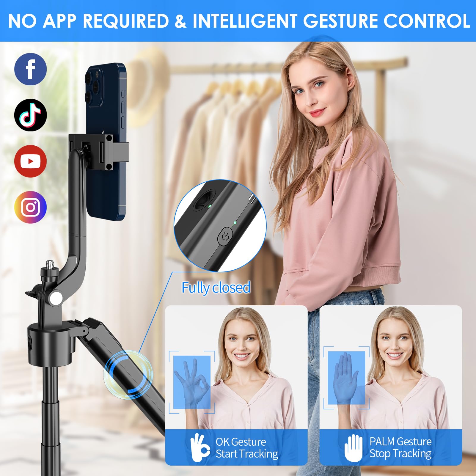 Etibig 71'' Auto Face Tracking Tripod For Iphone 360° Rotation Tripod With Wireless Remote And Gesture Controls，Motion Sensor Phone Stand With Light Applied To Youtube, Tiktok, Facetime