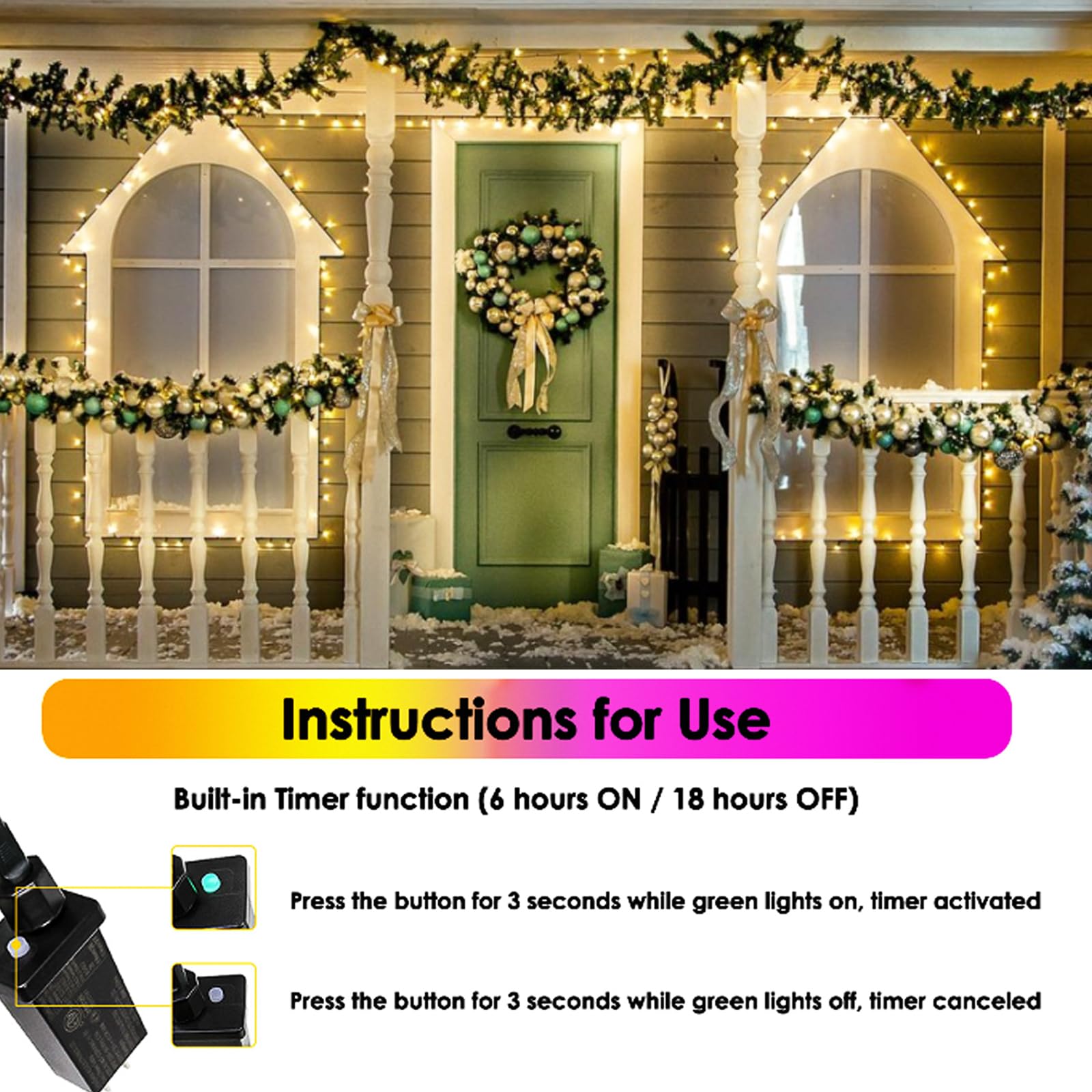 Sanjicha 2-Pack 66Ft 200 Led Christmas Lights, Extendable Christmas Tree Light With Timer & Memory Function, Waterproof Green Wire Outdoor String Lights Indoor With 8 Lighting Modes (Warm White)