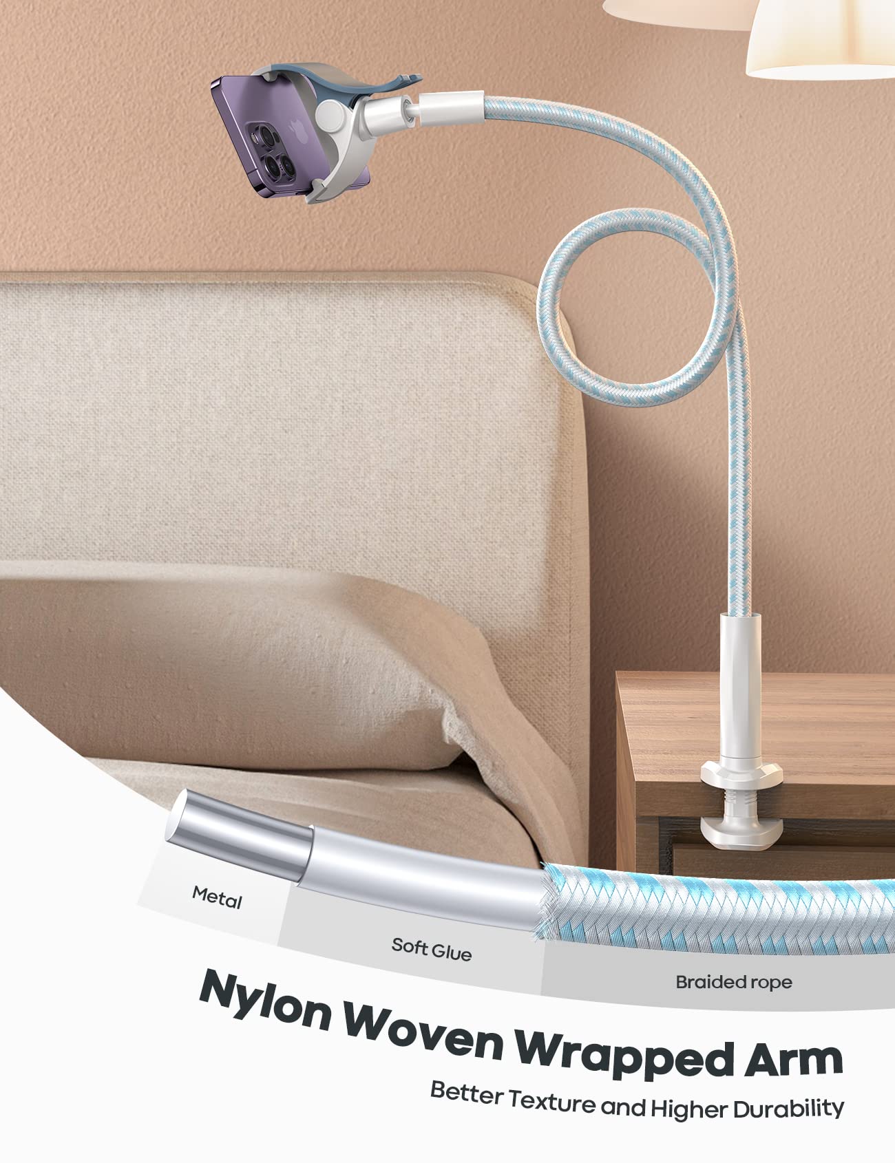 Lamicall Gooseneck Phone Holder Bed - [Nylon Braided] Flexible Arm, Overall Length 38Inch, 360 Adjustable Clamp Clip, Overhead Cell Phone Mount Stand For Bed, Blue White