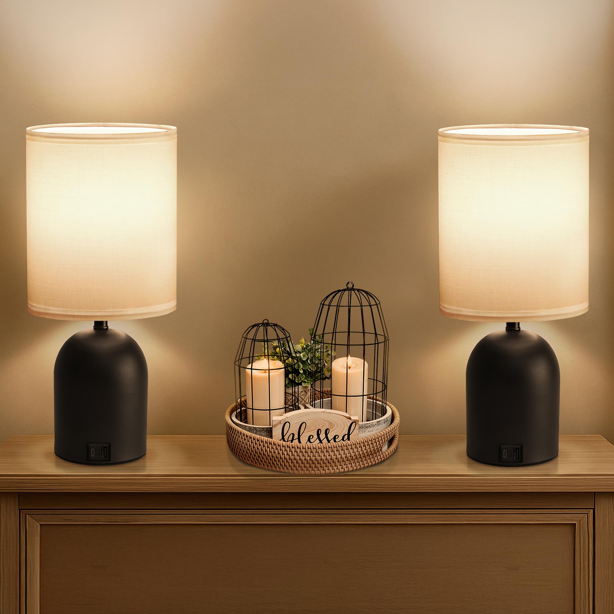 Fttoyoly Bedside Black Table Lamps Set Of 2 For Bedroom, 3 Way Dimmable Touch Nightstand Lamp With Usb C And A Ports Small Table Desk Lamp For Bedroom, Reading Room, Office, Dorm Black/White
