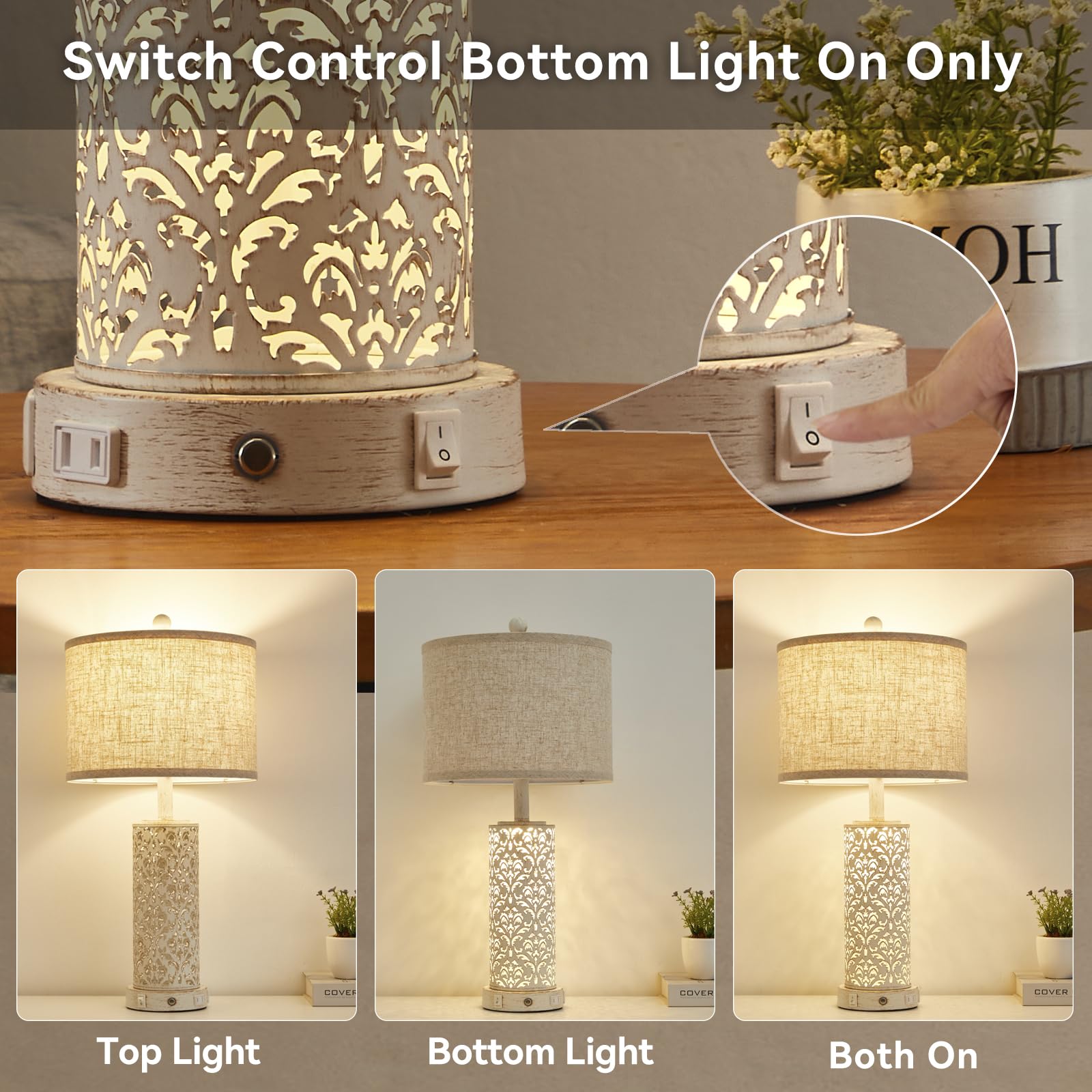 Saiweya 26" Set Of 2 Farmhouse Table Lamp, 3-Way Dimmable Touch Control With Nightlight, 2 Usb Ports + Ac Outlet Vintage Rustic Bedside Lamp For Living Room Bedroom And Nightstand (White-2 Pack)