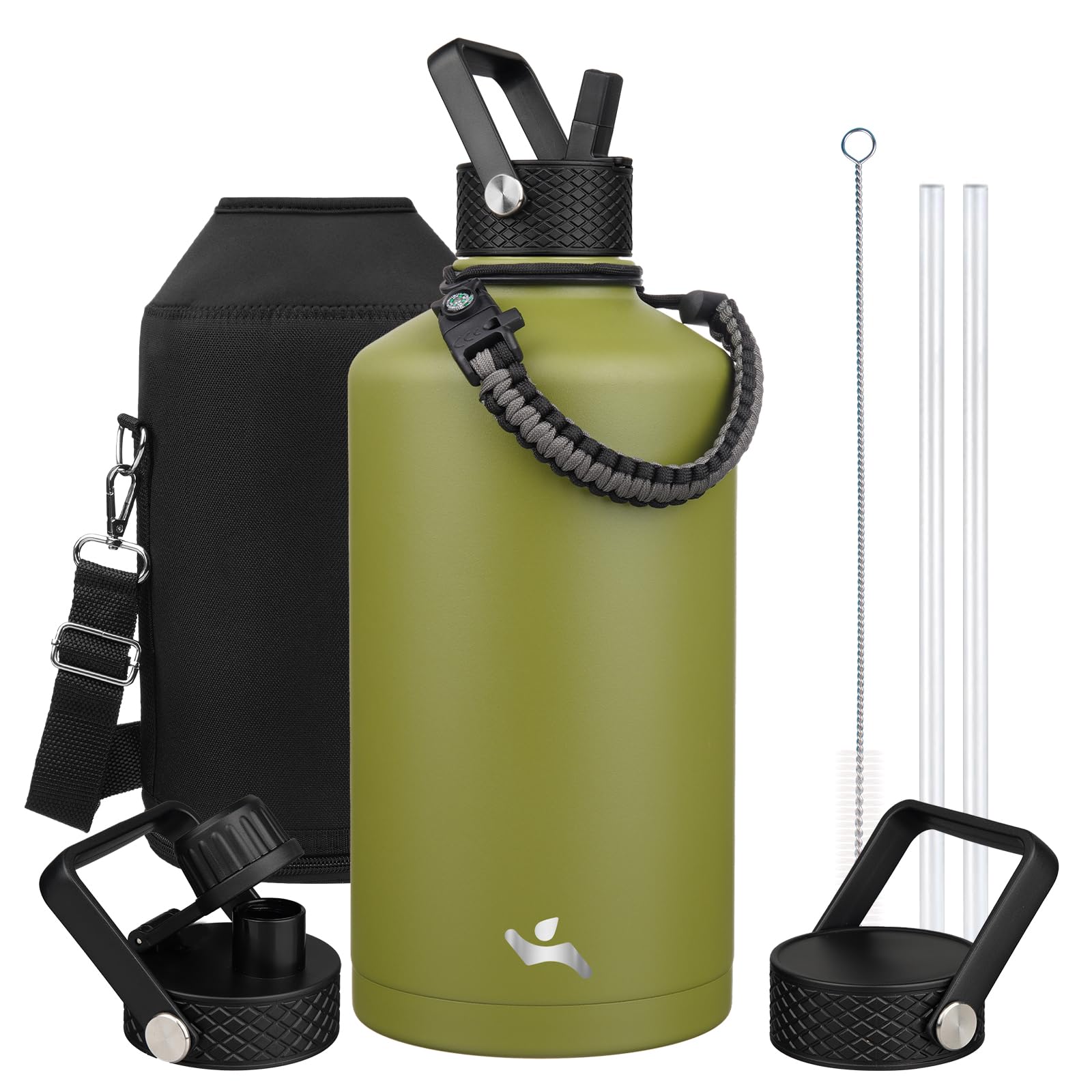 Gallon Insulated Water Bottle With Straw,128 Oz 3 Lids Water Jug With Carrying Bag,Paracord Handle