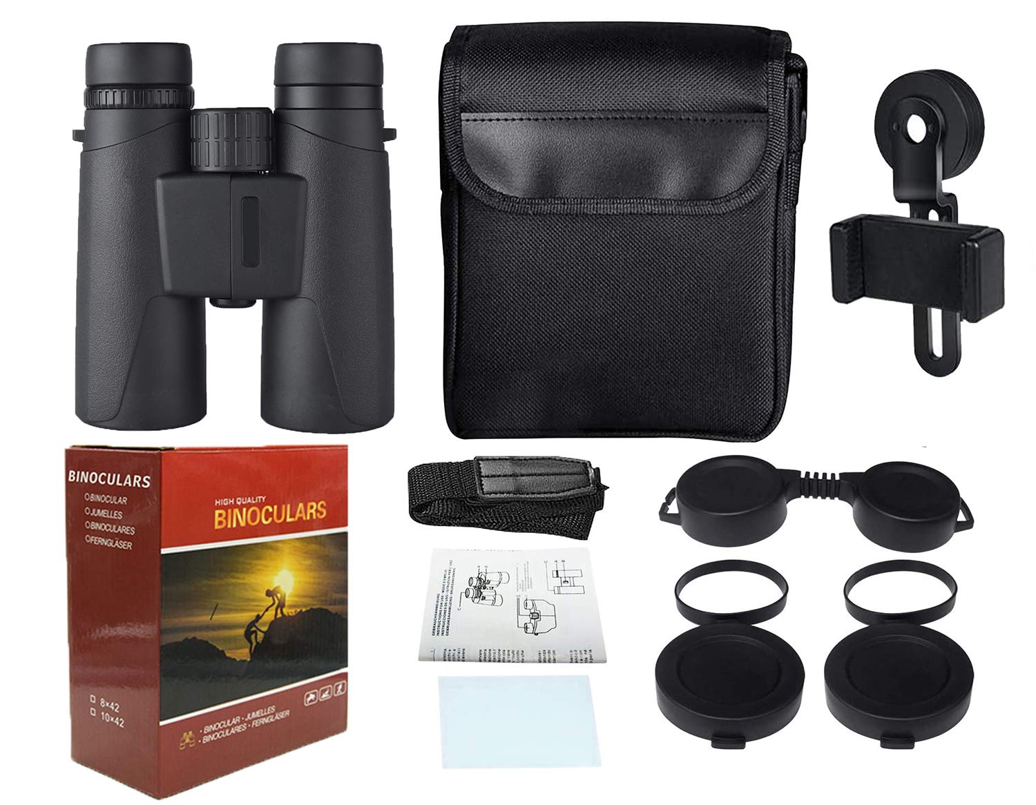 Megrezo 10X42 Professional Binoculars With Smartphone Adapter, Compact Waterproof Low Night Vision Binoculars For Adult Birds Watching Hunting Concert Travel