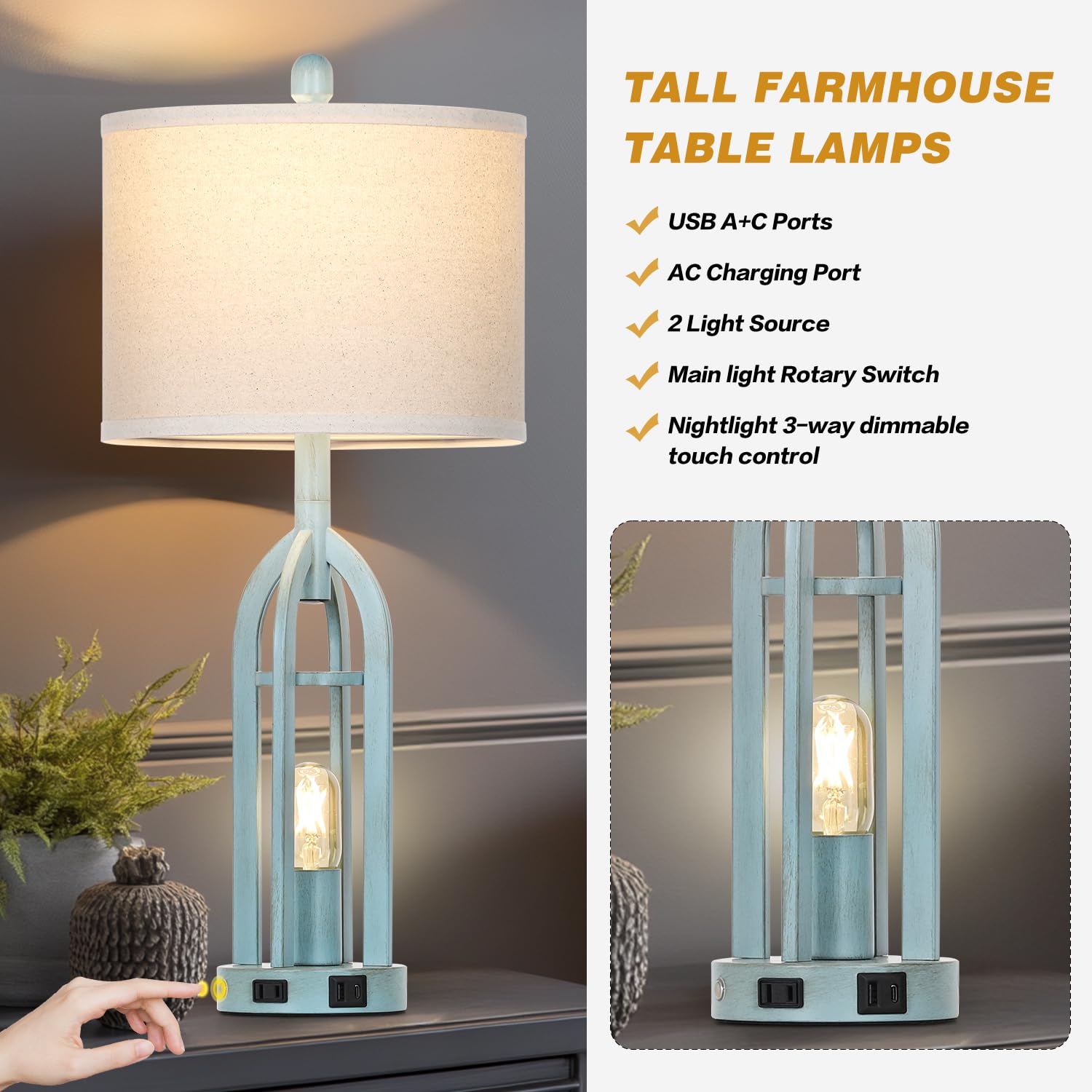 Cinyirong 27" Industrial Farmhouse Table Lamp,Vintage Rustic Blue Beside Lamp With Usb A+C Charging Ports & Ac Outlet, Metal Nightstand Lamp With Led Night Light For Bedrooms (2 Led Bulbs Included)