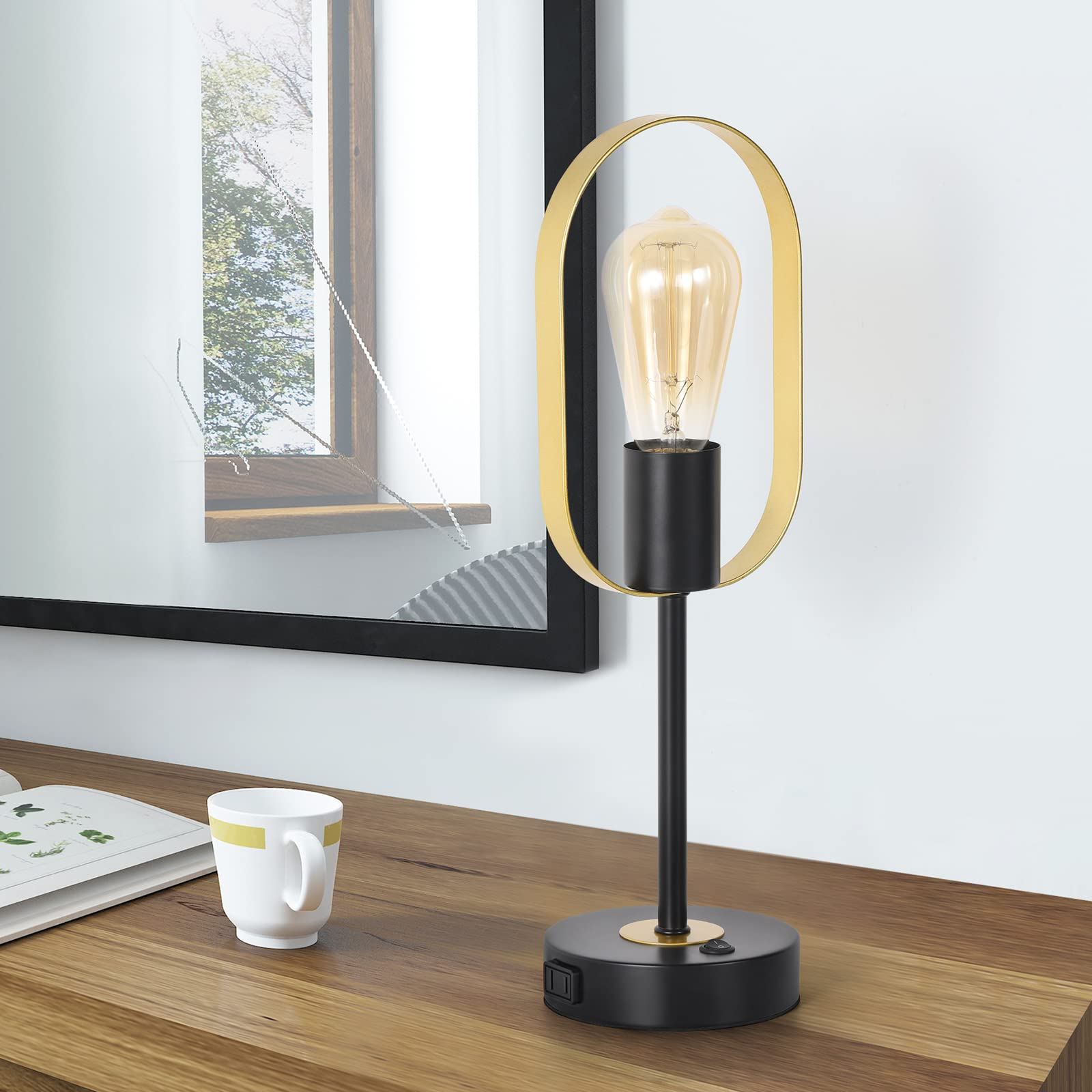 Nananardoso Industrial Metal Table Lamp, Vintage Desk Lamp With 2 Usb Ports And Ac Outlet, Nightstand Lamp With Gold Oval Shade For Bedrooms, Dining Room, Living Room, Cafe