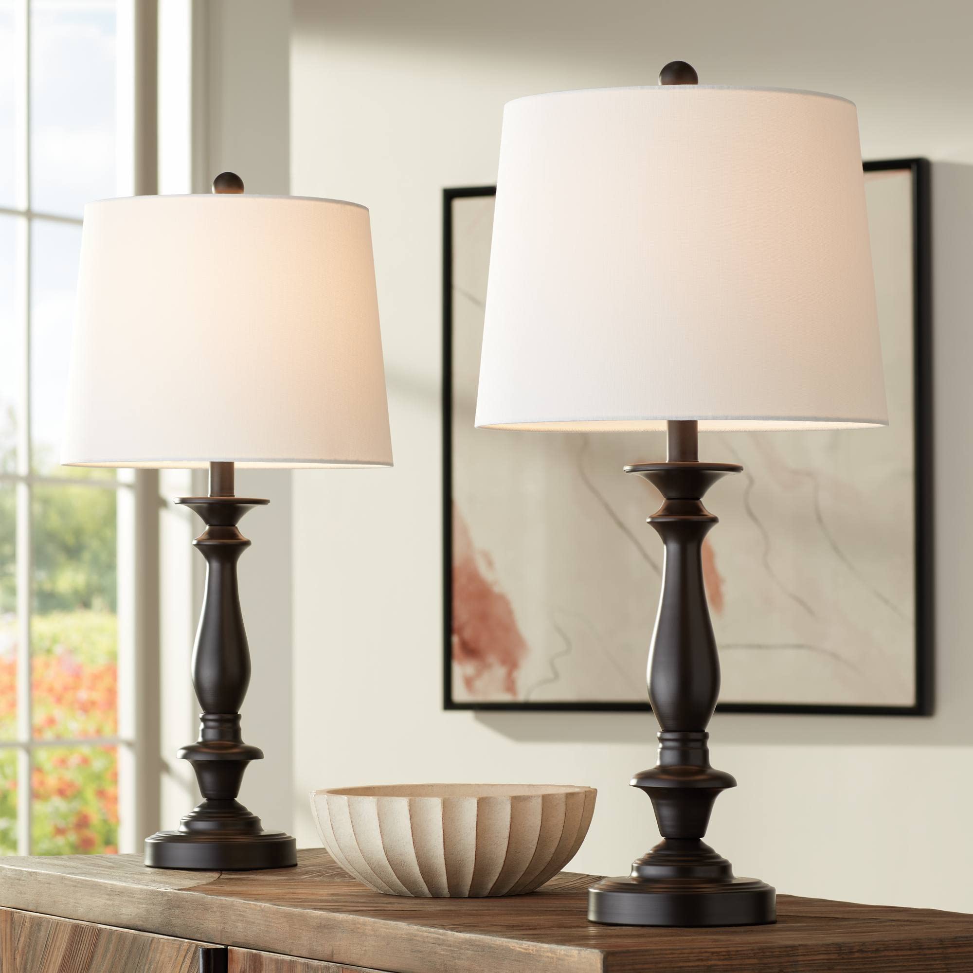 Regency Hill Percy Traditional Table Lamps 26" Tall Set Of 2 Dark Bronze Brown Metal Candlestick White Tapered Drum Shade For Bedroom Living Room House Home Bedside Nightstand Office Family