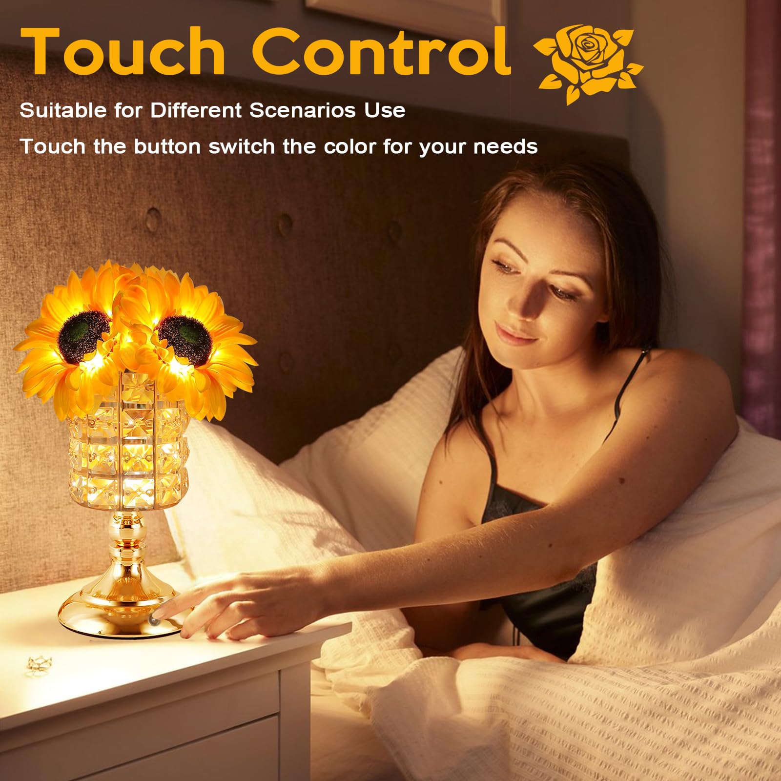 Tynled Sunflower Lamp,Portability Rechargeable Touch Table Lamp,10+ Hours Runtime&3-Colour Infinitely Dimming Sunflower Crystal Table Lamp,Eye Care Small Night Light For Bedside Lamp, For Women