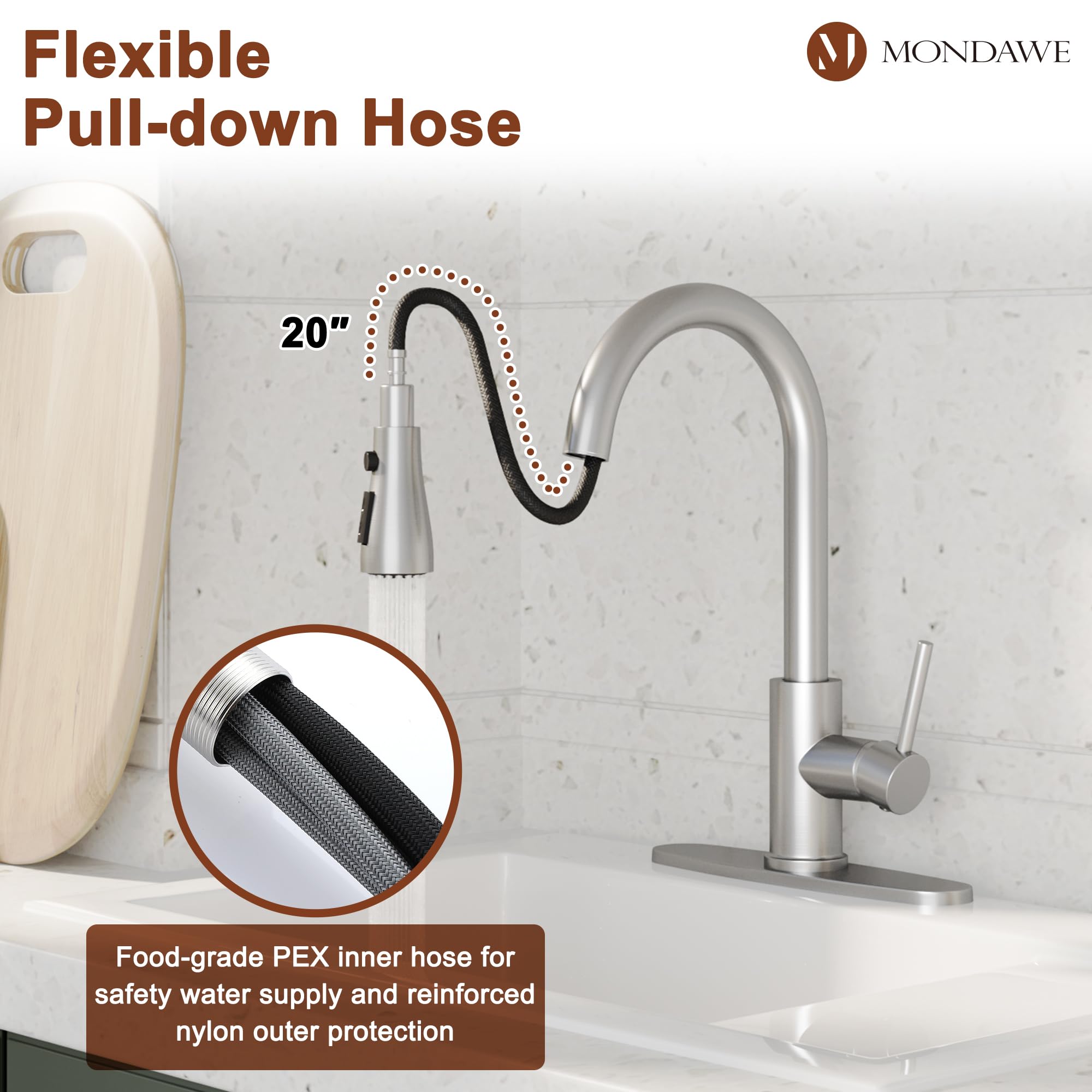 Mondawe 3-Way Spray Kitchen Faucet With Pull Down Sprayer, Single Handle Stainless Steel Kitchen Sink Faucet With Deck Plate For Bar Laundry Rv Kitchen Sink, 1 Hole/3 Hole, 1.8Gpm, Brushed Nickel