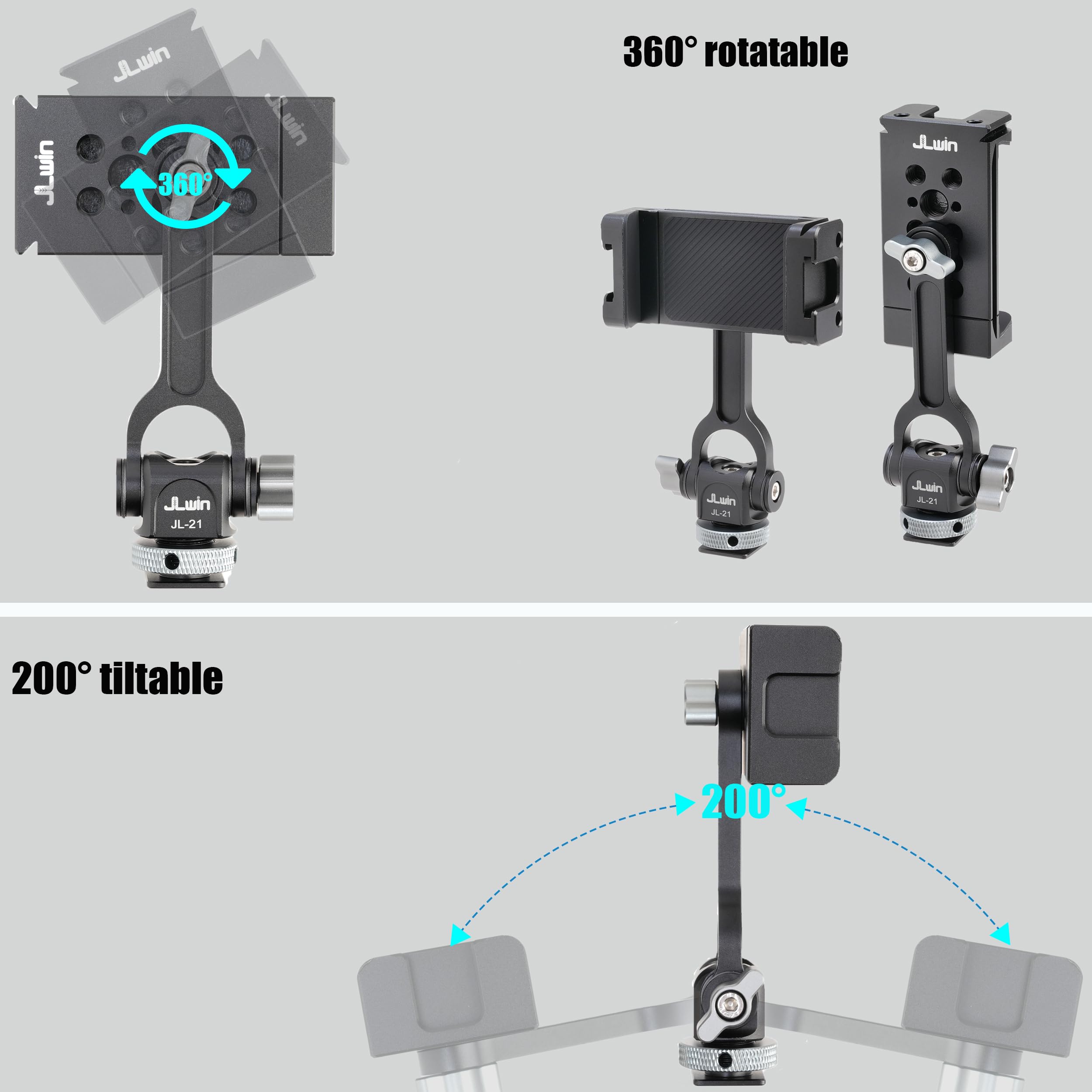 Fotga Universal 360° Rotatable Cell Phone Smartphone Support Clamp Clip Tripod Mount With Cold Shoe Adapter For Iphone 14 15 16 Samsung Etc, 2 Cold Shoe Mount 1/4" 3/8" Holes For Microphone Led Light