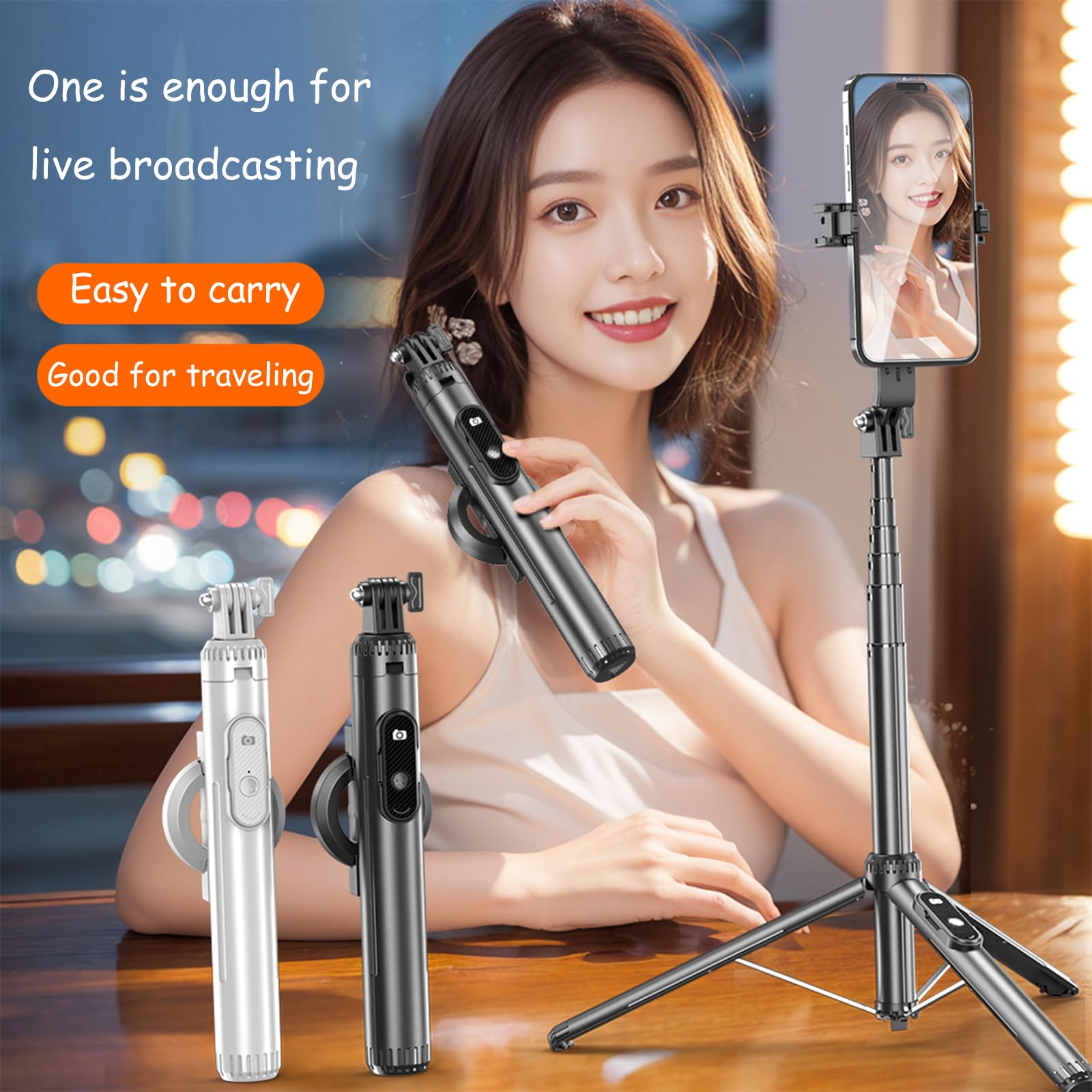 Unillqss 60 Inch Magnetic Selfie Stick Tripod, Adjustable Cell Phone Grip And Portable Stand With Metal Ring And Remote Control For Selfies And Gopro Video Recording White