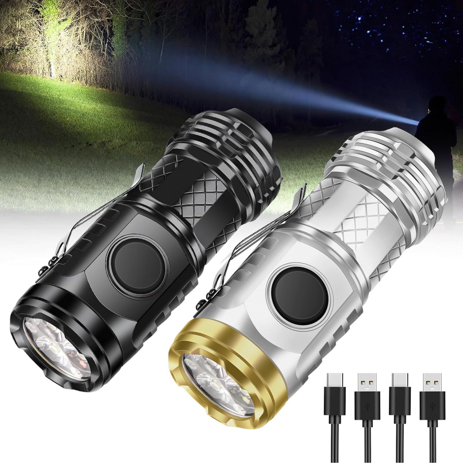 Kdqueery 2 Pcs Mini Rechargeable, Pocket Flashlight -Super Bright 5 Modes With Clip Powerful Led Portable Small For Camping Outdoor