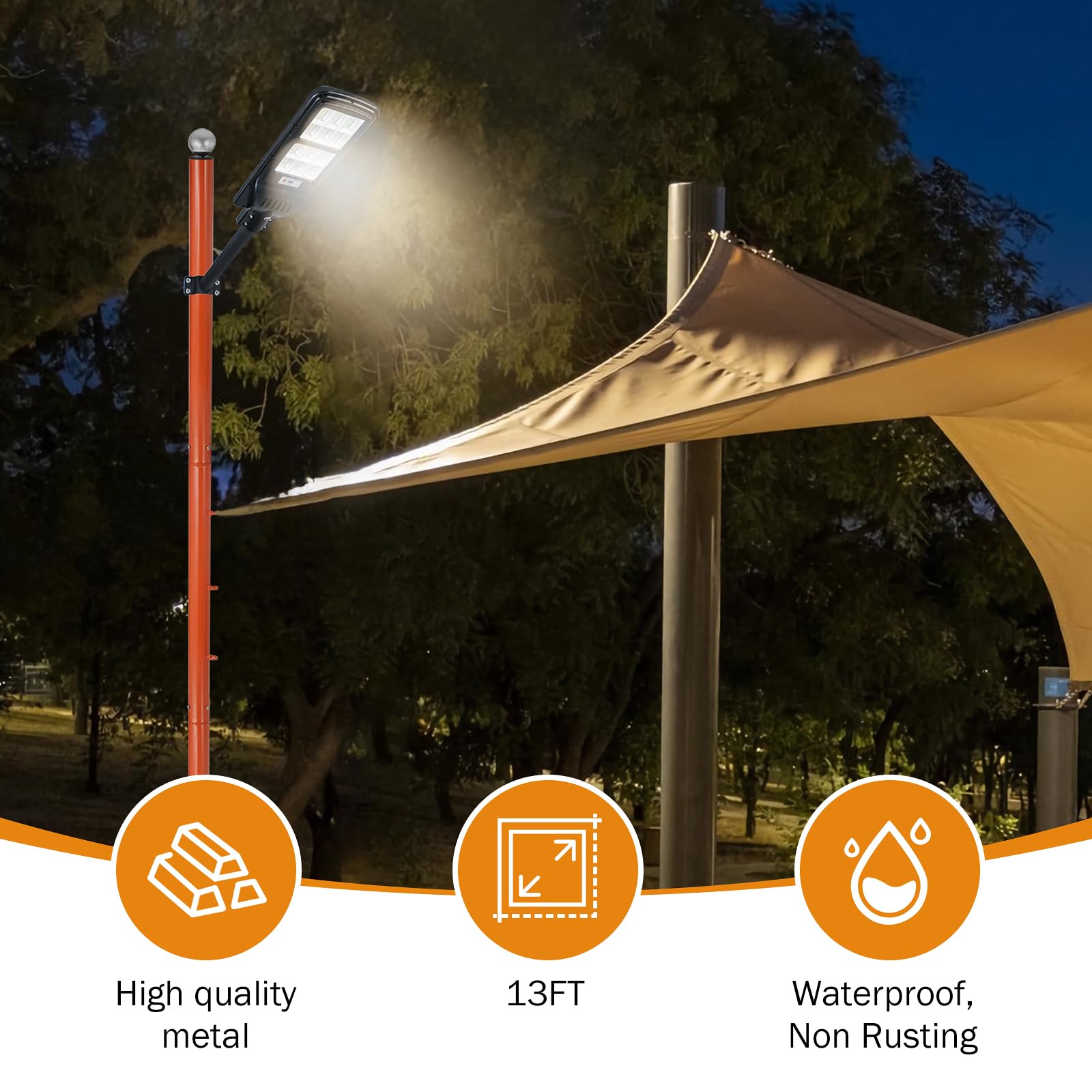 Beamnova 13Ft Street Light Pole Shade Sail Pole Street Lamp Post For Outdoor Lights Solar Street Light String Lights Accessory For Backyard, Street, Patio, Park, Galvanized Steel Metal Pole, Orange