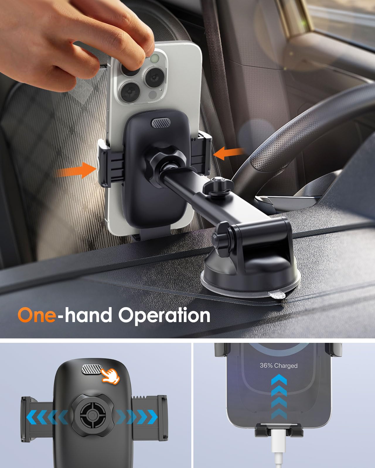 Pop-Tech Phone Mount For Car, [Military-Grade Suction] Universal Cell Phone Holder For Your Car Dashboard Windshield Window, Automobile Cradle Fit For Iphone Samsung All Smartphones With Thick Case