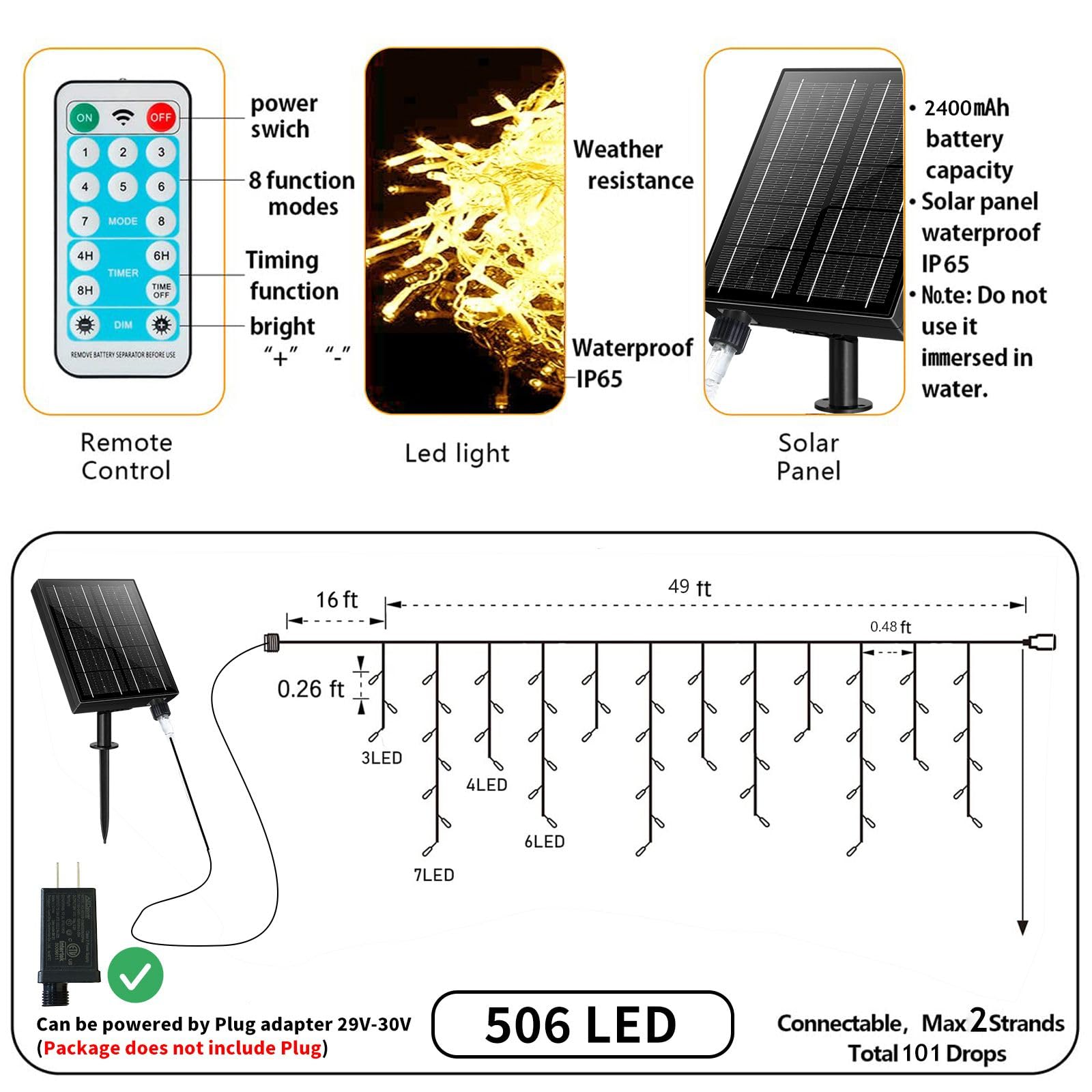 Ryblgled Solar Icicle Lights For Outside - 65Ft 506 Led Icicle Christmas Lights Outdoor Waterproof With Remote, Warm White Solar Powered Icicle String Lights With 101 Drops For Wedding Porch Decor