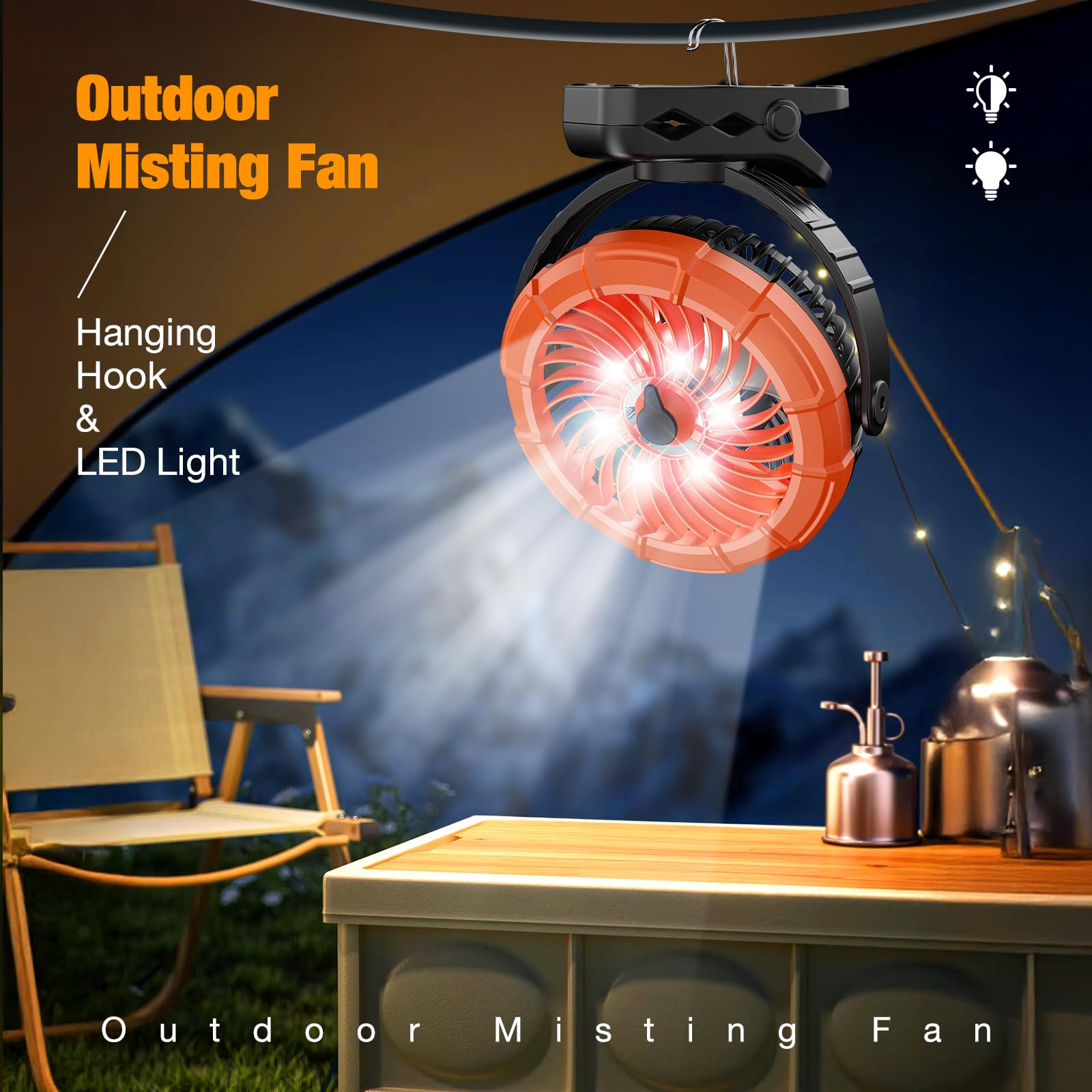 Ausic outdoor misting clip-on fan, 100ml reservoir, LED light, and 5200mAh rechargeable battery for portable cooling