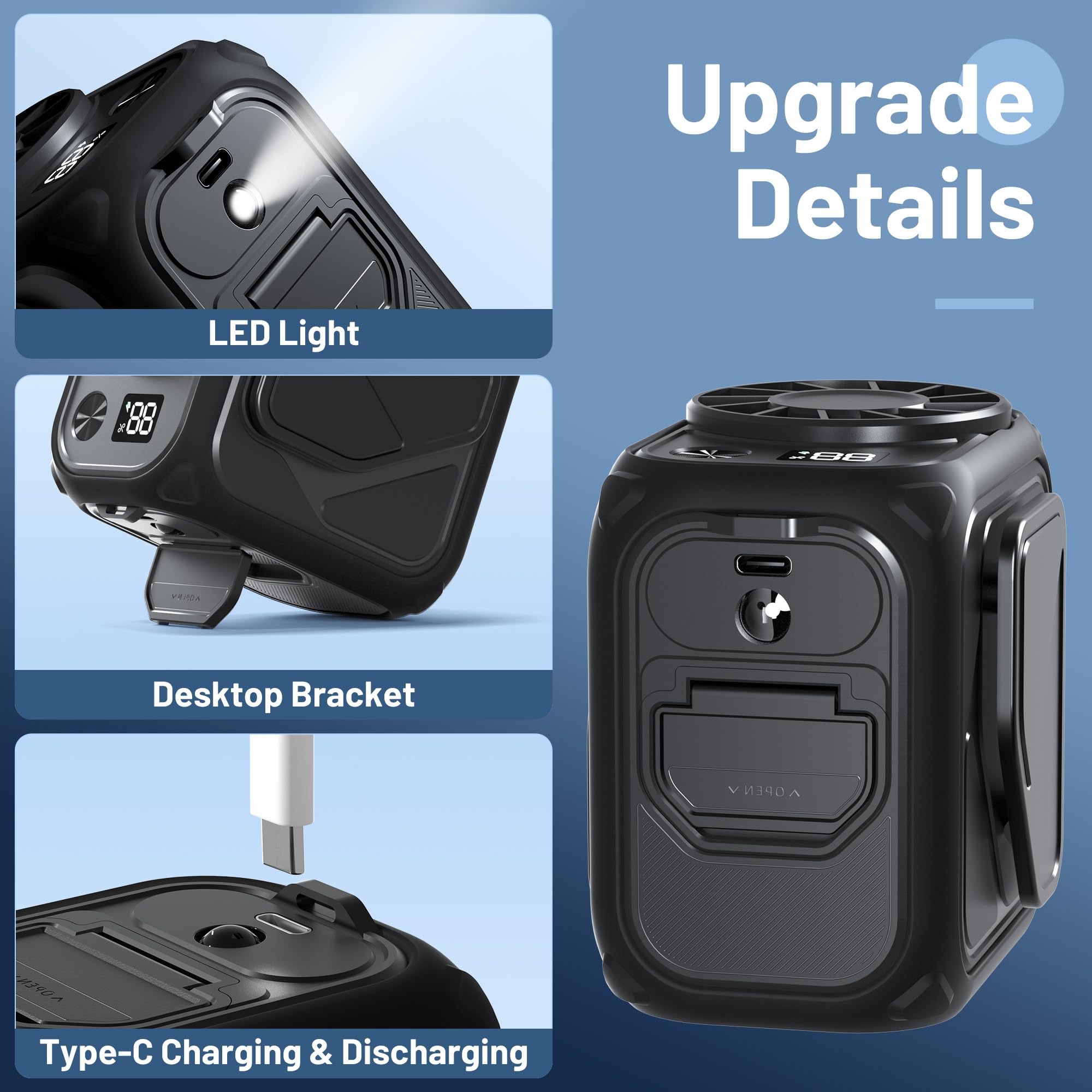 Portable Waist Fan Clip On, 10000Mah Rechargeable & Flashlight, Under Shirt Fan With 5 Speeds Hands
