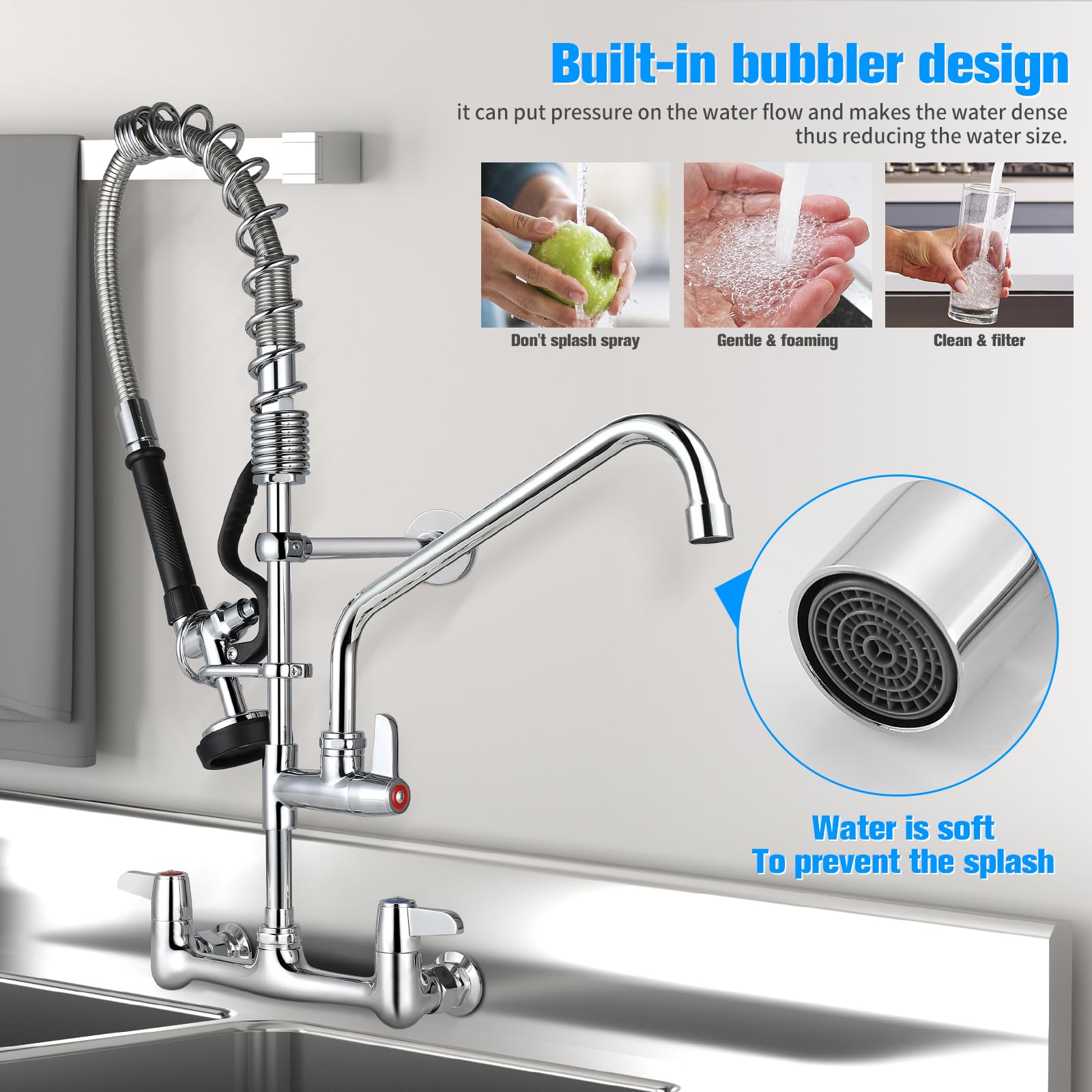 Aplwy Commercial Kitchen Faucet Wall Mount With Pre-Rinse Sprayer 26" Height 8 Inch Center Wall Mount Kitchen Sink Faucet With Pull Down Spray And 12" Add-On Spout