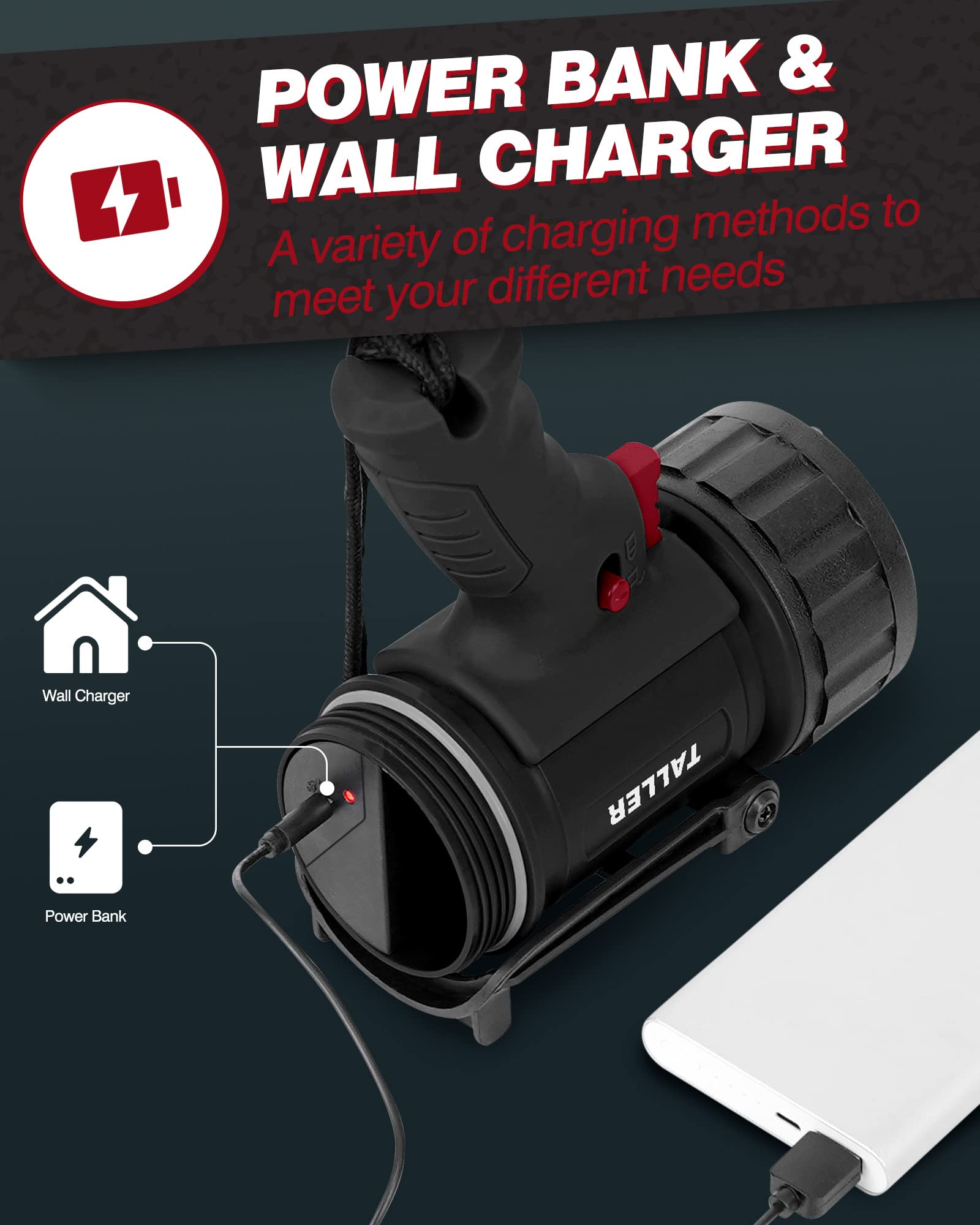 Taller  Rechargeable Spotlight Outdoor, Super Bright 10000Mah Hand Held Work Lights Flashlight Warning Lamp, Ipx7 Waterproof Lightweight Led Spotlight For Boat Camping, Hunting - Black