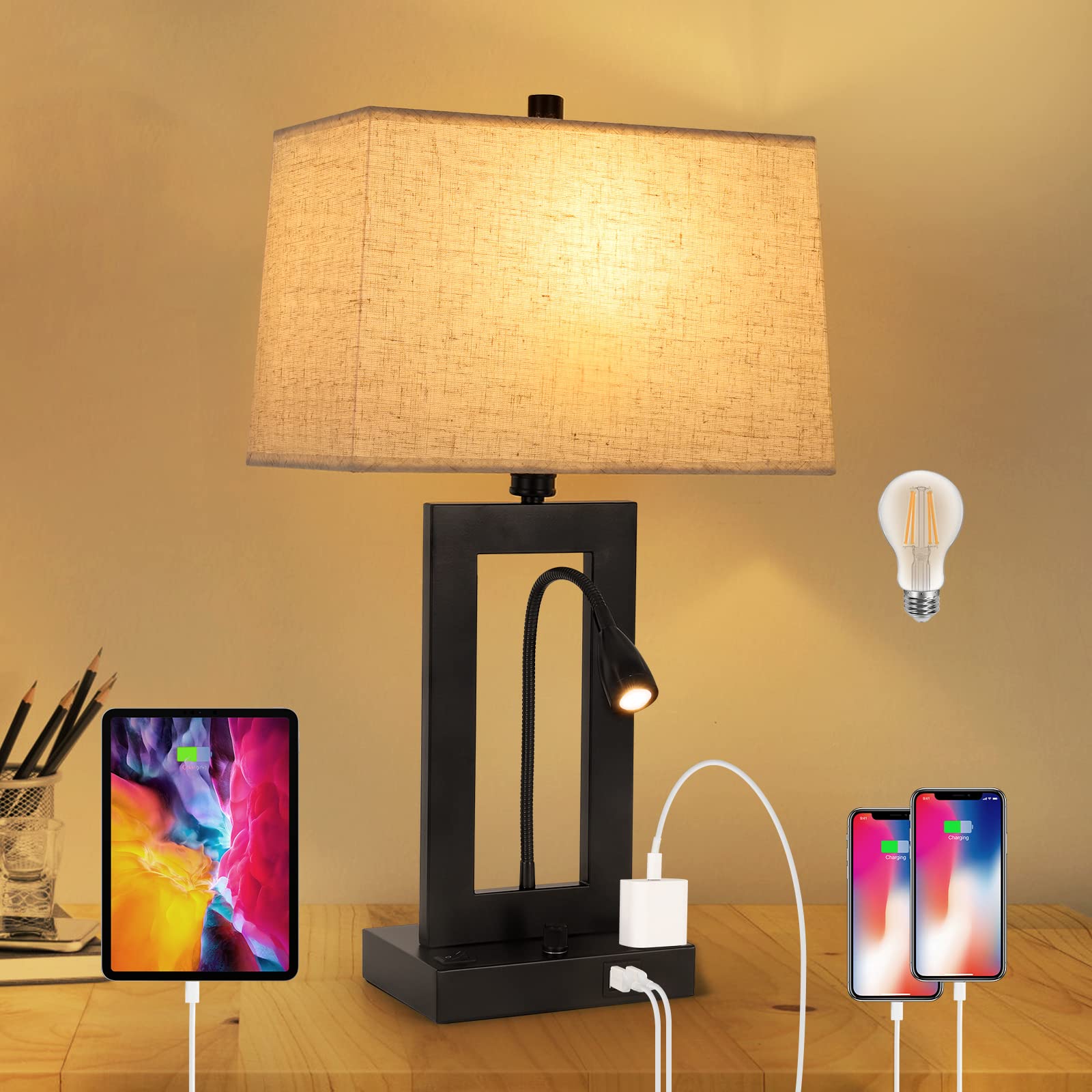 Trlife Table Lamp With Usb Charging Ports And Ac Outlet, Fully Dimmable Modern Nightstand Lamp With Fabric Lampshade For Reading Living Room Office, Attached A Led Gooseneck Spotlight(Bulb Included)