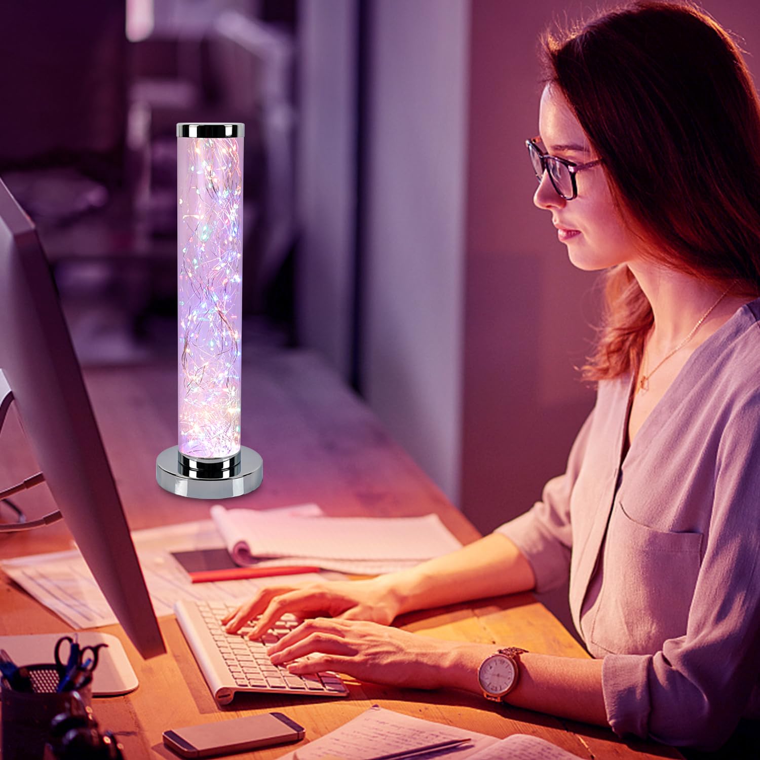 Lkua Minimalist Modern Fairy String Table Lamp, Cylindrical Lamp, Night Lamp, Bedroom (Colorful)