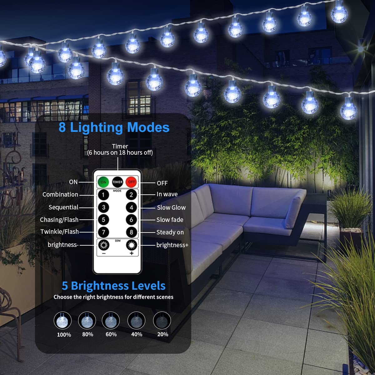 Ryblgled Outdoor String Lights 2 Pack, 66Ft 200Led Battery Operated Waterproof String Lights With Remote, Cool White 8 Modes For Indoor Outdoor Party Wedding Christmas