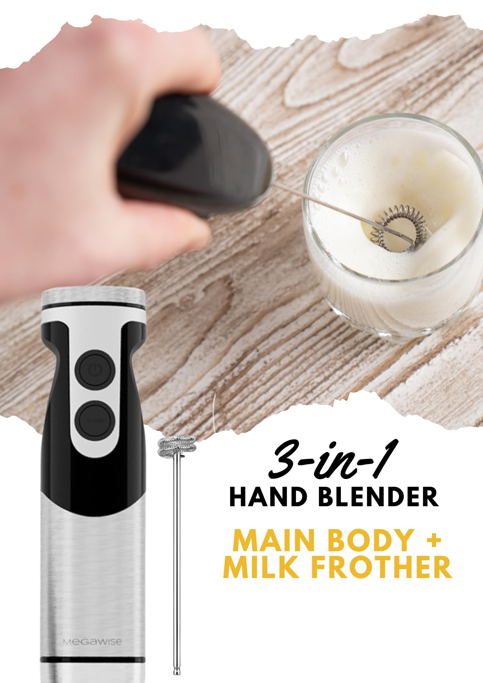 Megawise Stainless Steel Titanium Reinforced 3-In-1 Immersion Hand Blender, Powerful With 80% Sharper Blades, 12-Speed Corded Blender, Including Whisk And Milk Frother (3-In 1 Black)