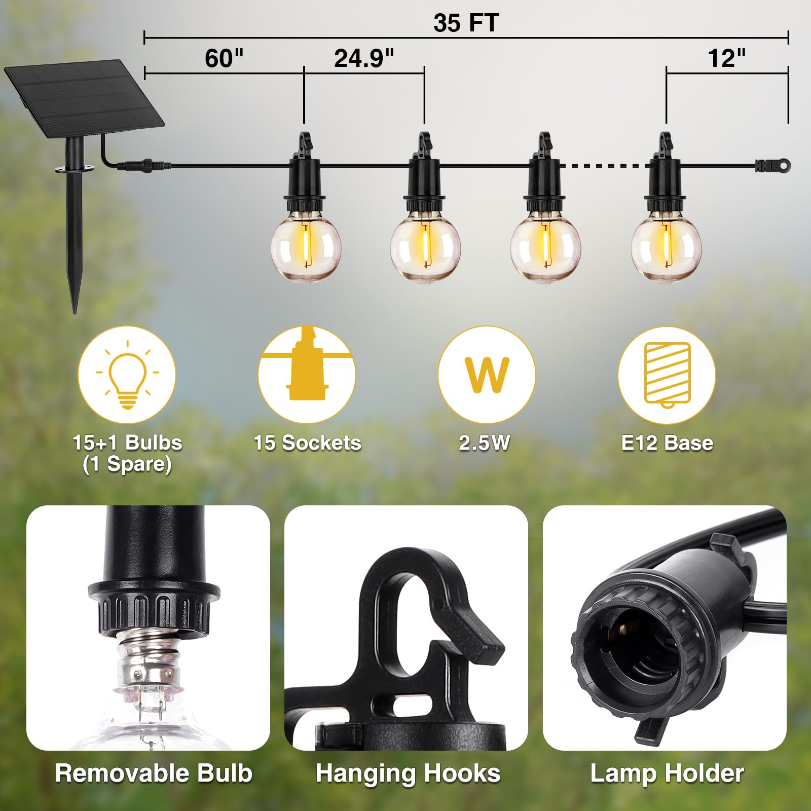 Zjojo 35Ft Solar String Lights Outdoor Waterproof, G40 Globe Patio Lights Solar Powered Outdoor String Lights With 15 2700K Shatterproof Bulbs Hanging Lights For Porch Garden Backyard Pergola Bistro