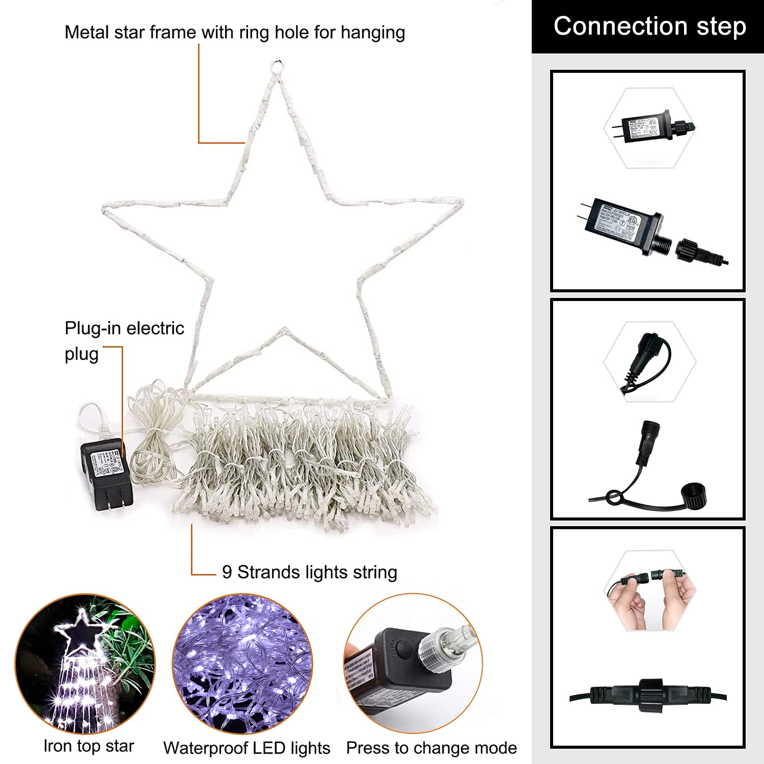 Miniao Christmas Decorations Star String Lights, 320 Led Waterfall Tree Lights With 13" Topper Star 8 Lighting Modes Indoor Outdoor Decorative For Year, Holiday, Wedding, Party