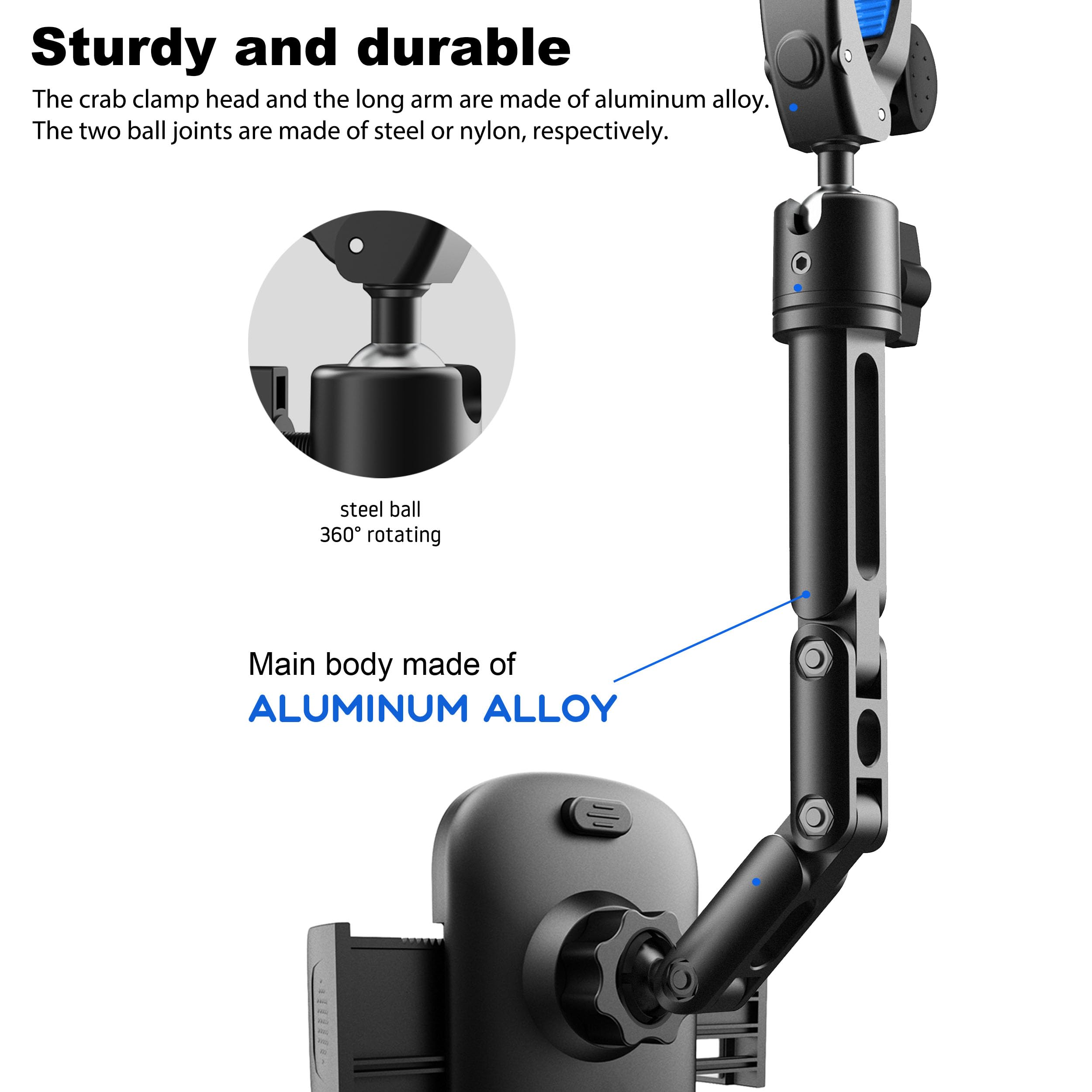 Quyee Phone Holder Car, Rear View Mirror Phone Holder - Aluminum Alloy Mount Multi-Angle Adjustment Rotatable And Retractable Compatible With All 4-7 Inch Iphone And Android Cell Phones
